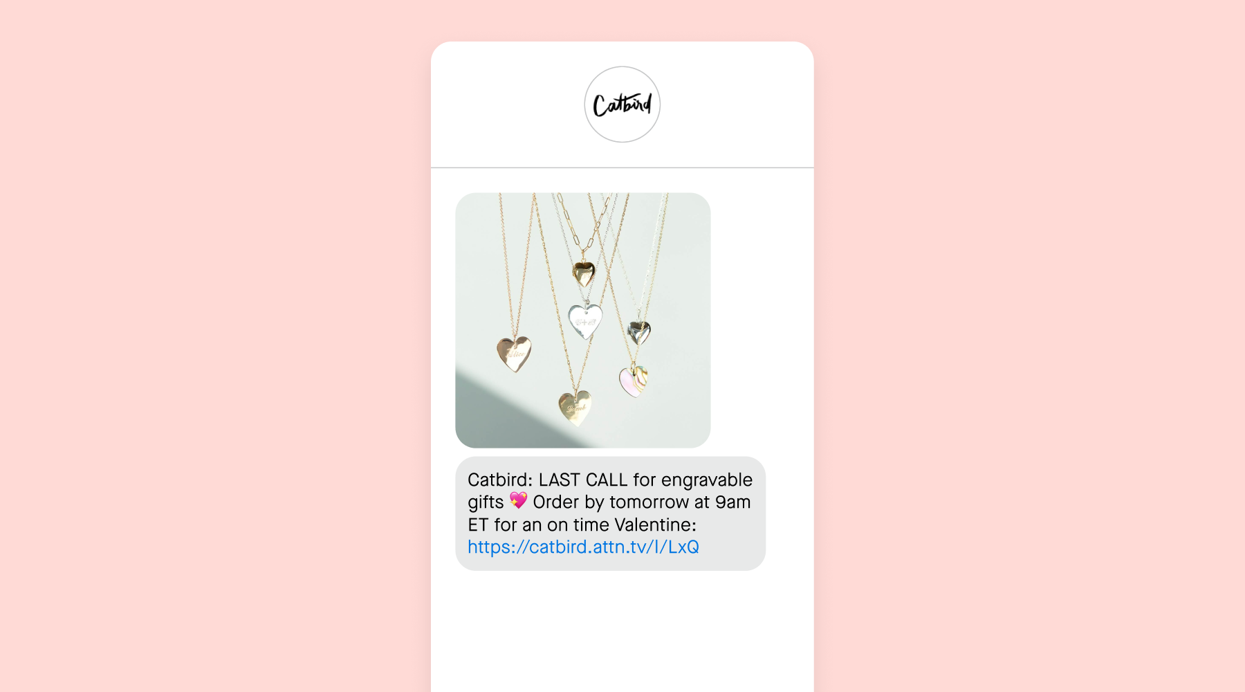 Valentine's Day text message from Catbird on a pink background
