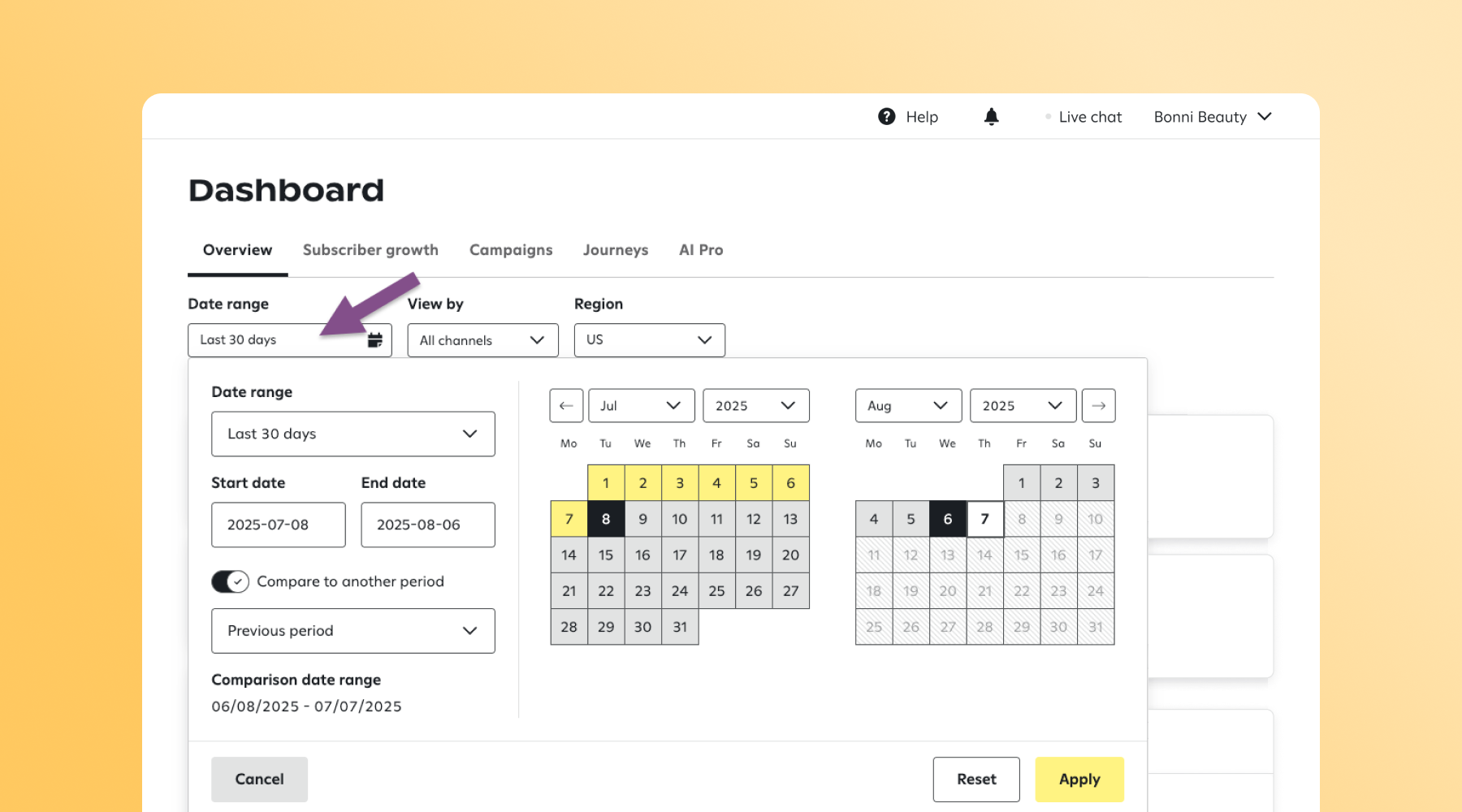 Example of the custom reporting date ranges for Attentive Email