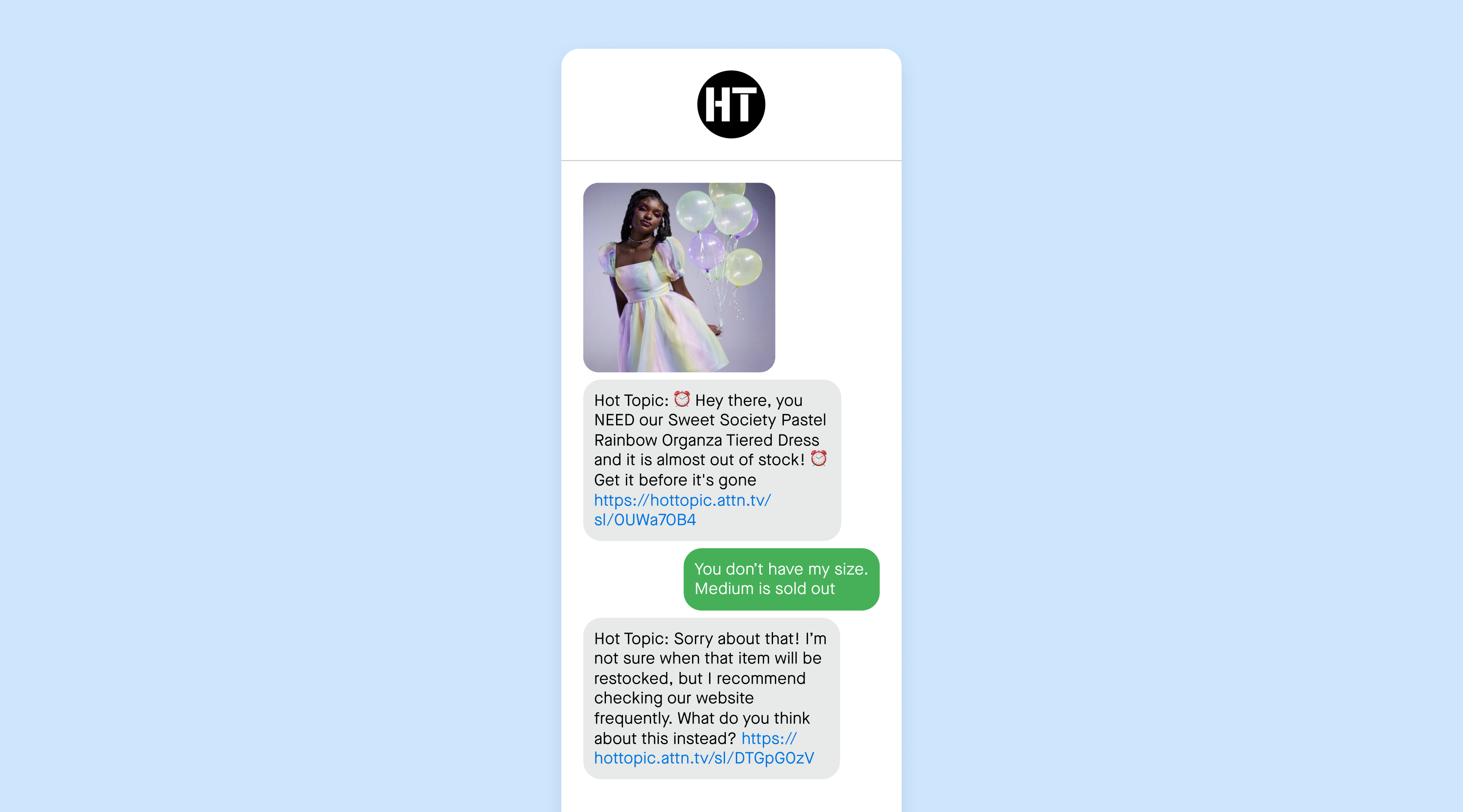 Example of an Attentive Concierge™ interaction powered by Attentive AI™ from Hot Topic