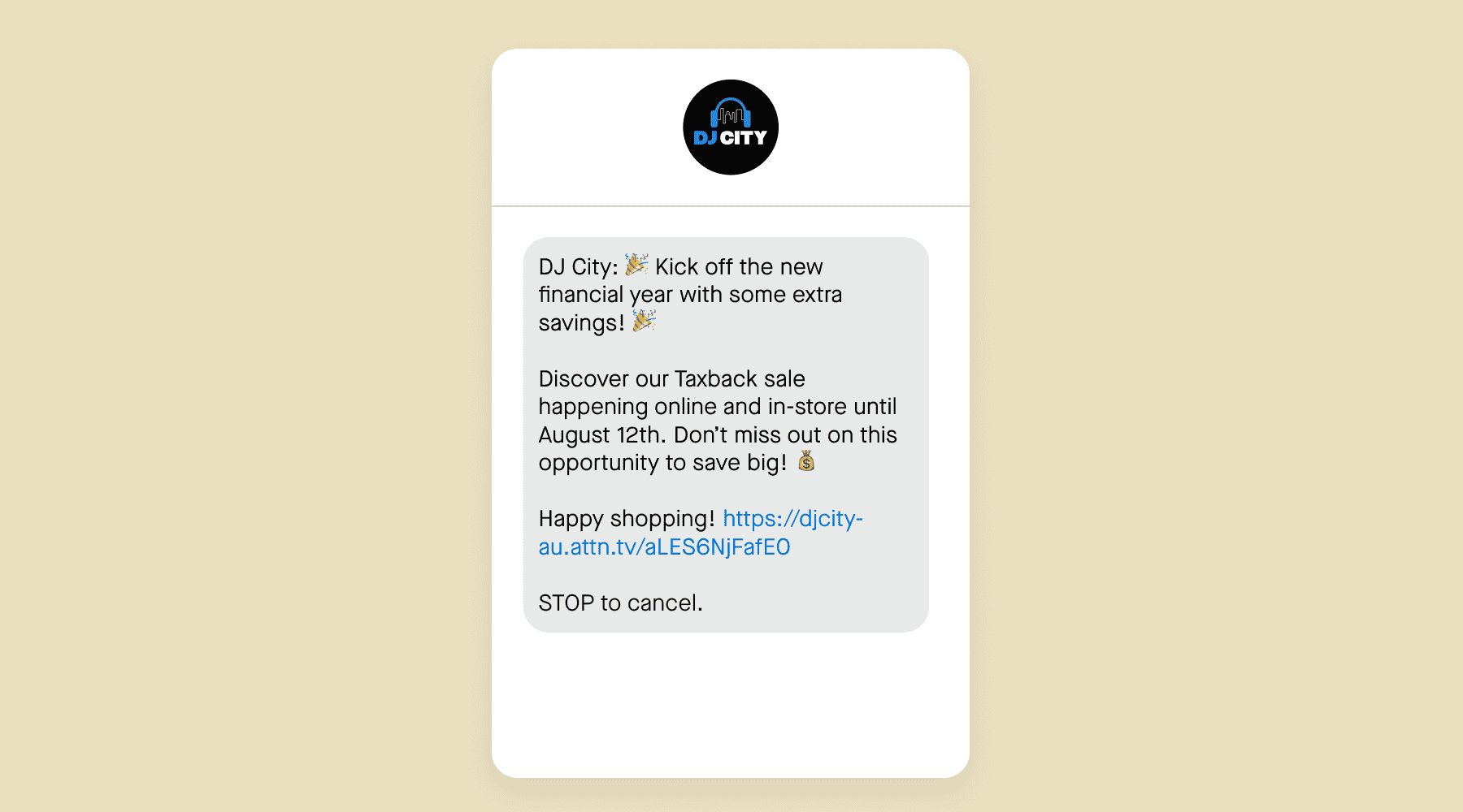 DJ City EoFY SMS message