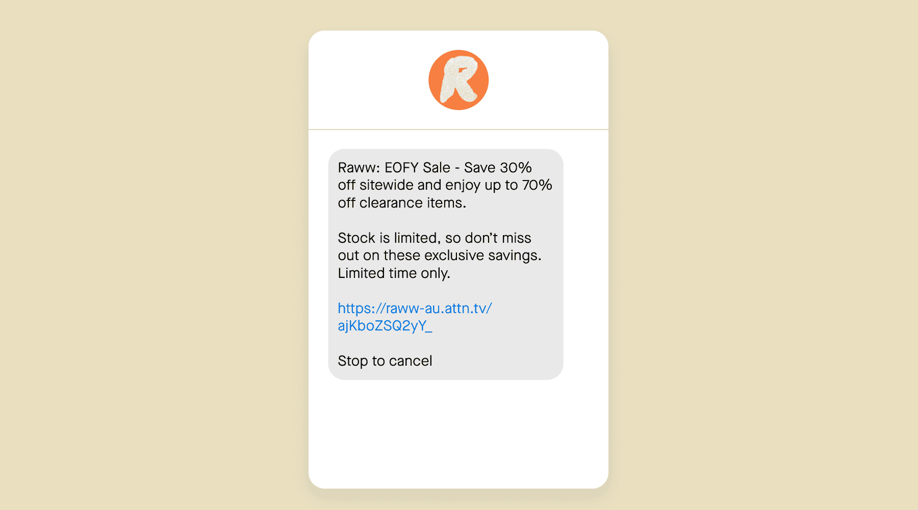 Raww EoFY SMS message