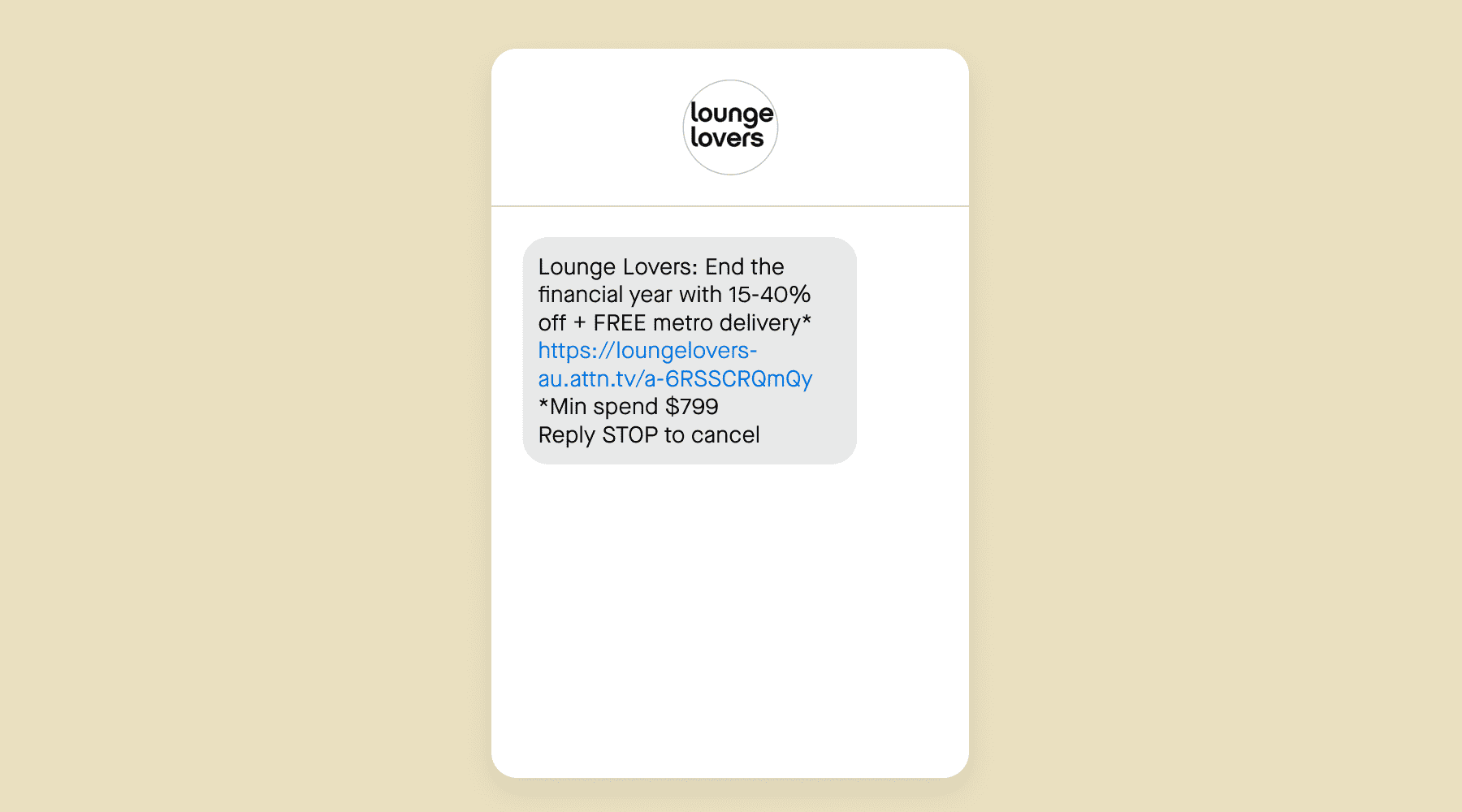 Lounge Lovers EoFY SMS message