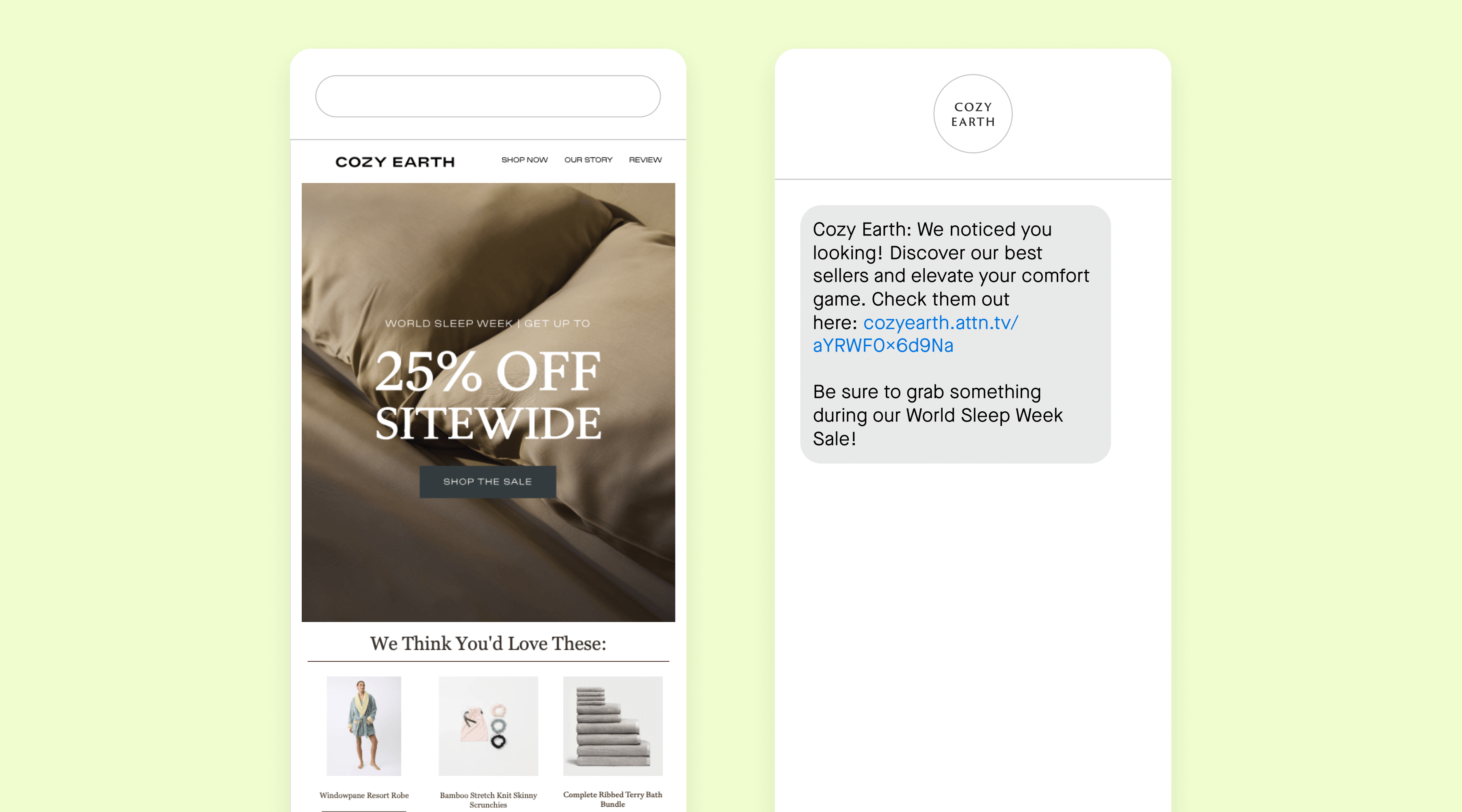 Examples of an abandoned cart email and SMS message from Cozy Earth