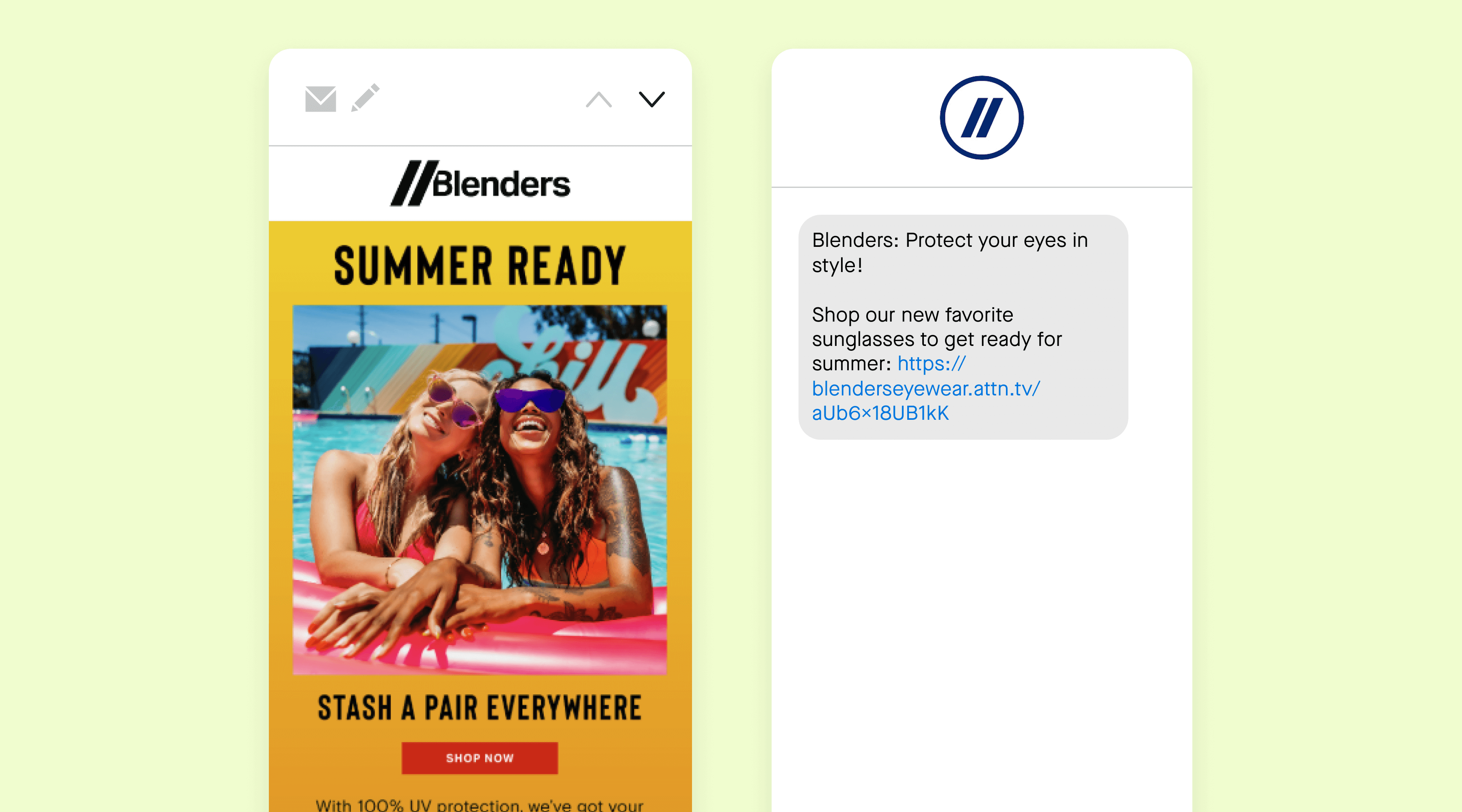 An email and SMS message from Blenders Eyewear promoting their summer collection