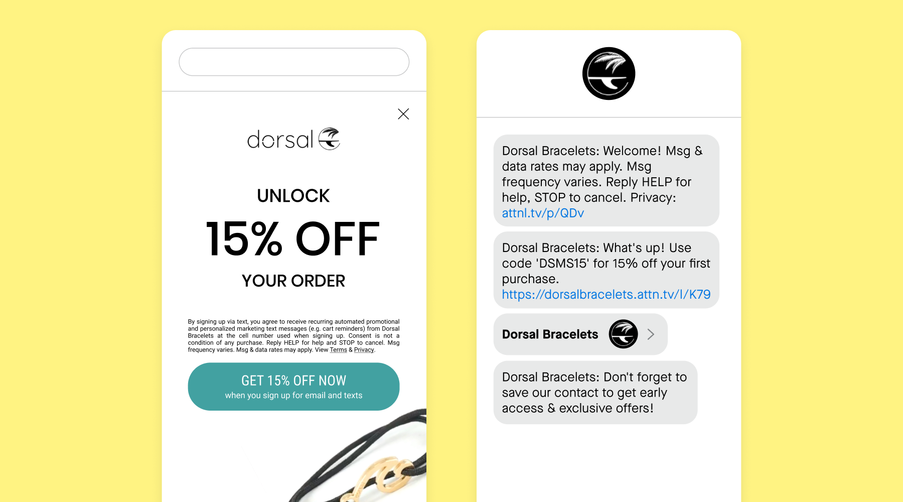 sms sign-up unit and welcome text message from dorsal bracelets