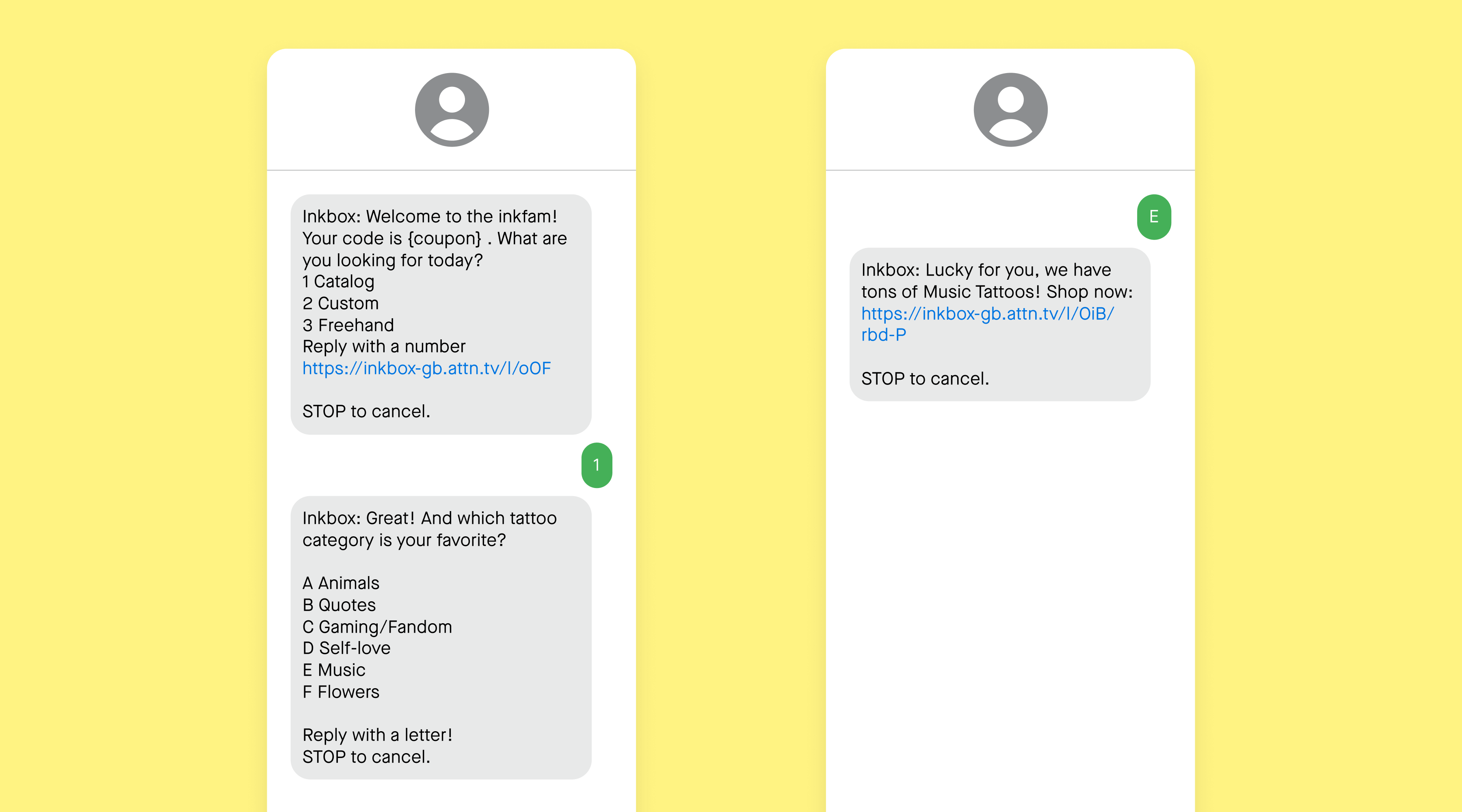 conversational two-way text message example from Inkbox