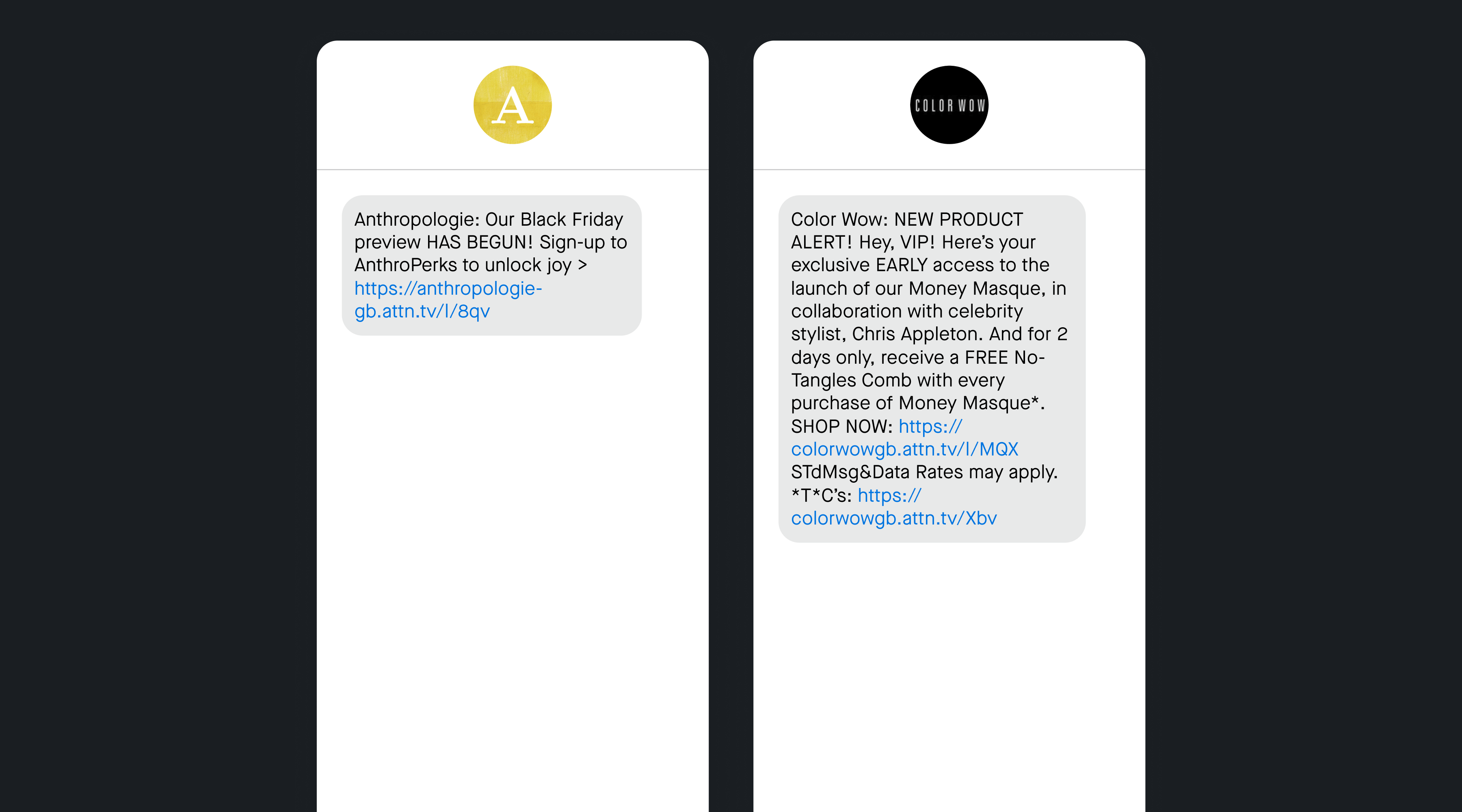 Two examples of VIP SMS marketing messages