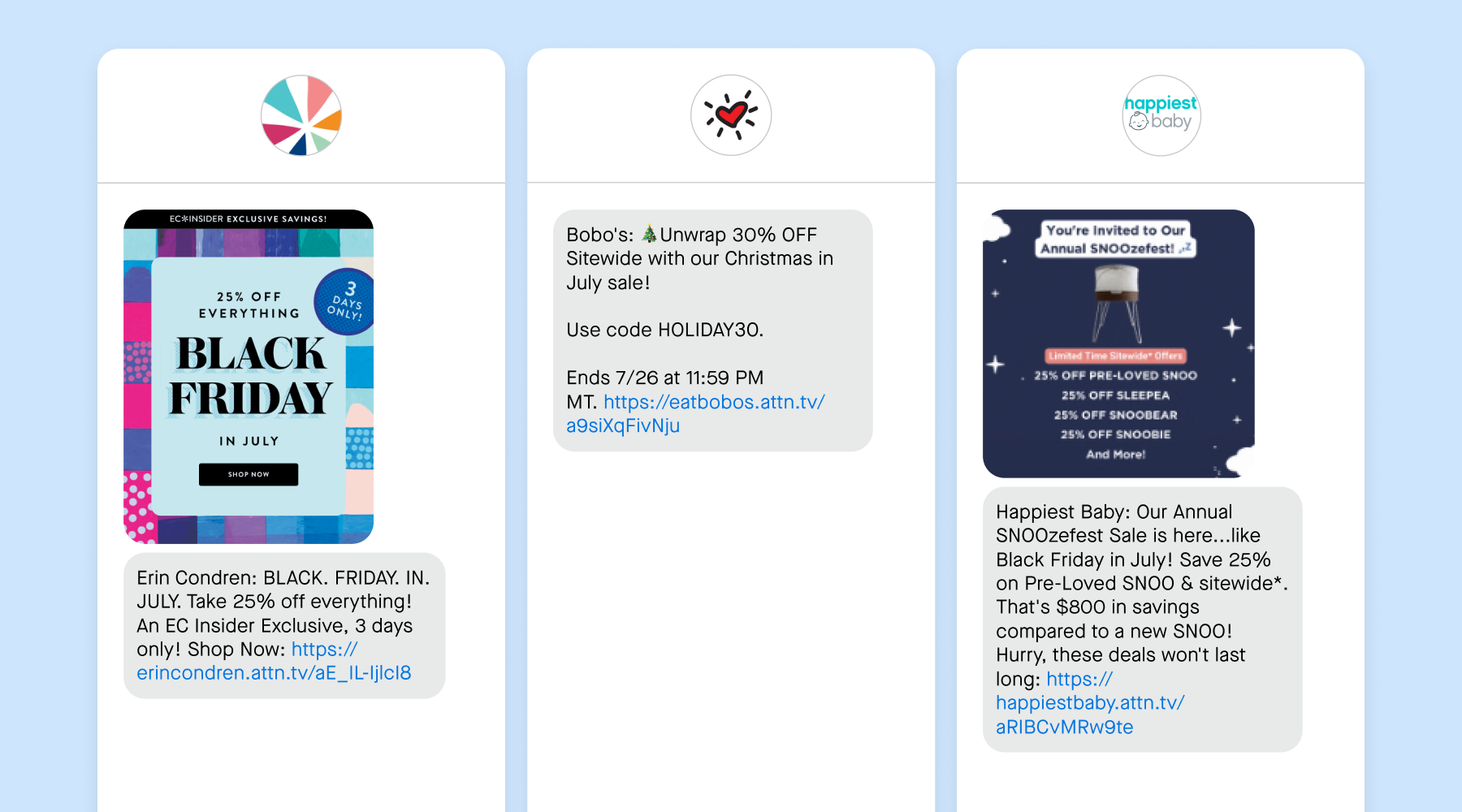 SMS messages for Black Friday in July and Christmas in July