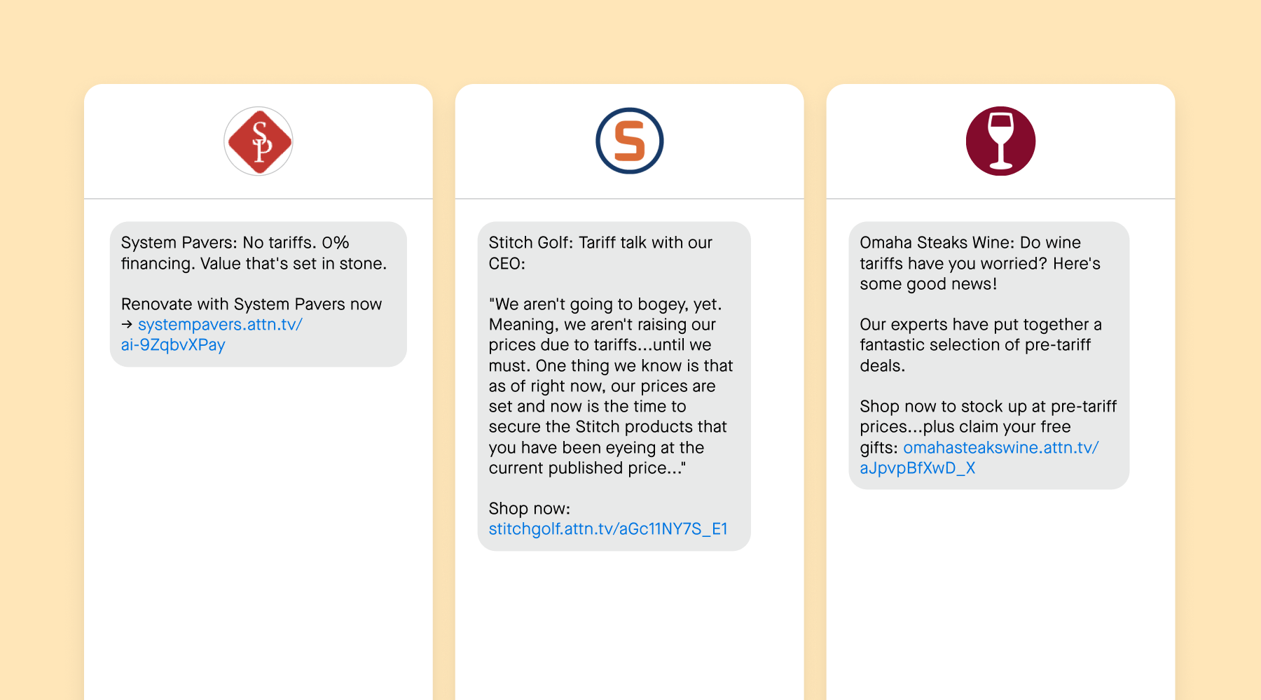 Three SMS marketing messages about the tariffs