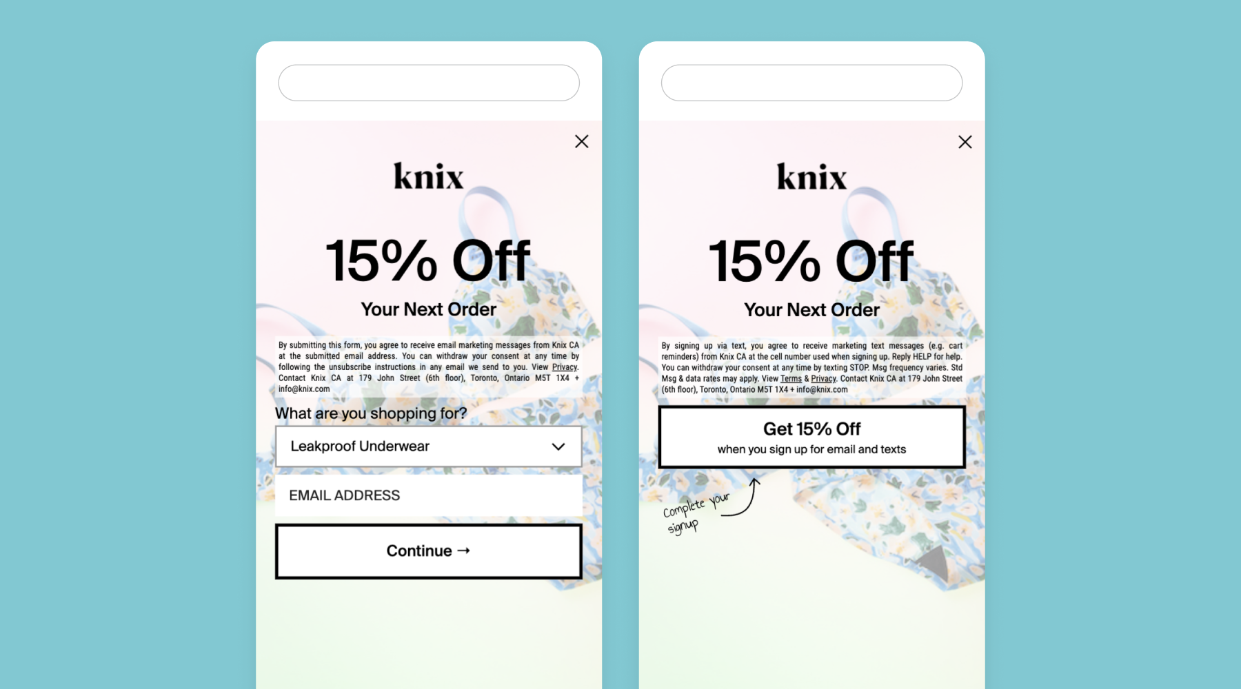 email and SMS sign-up unit example from Knix