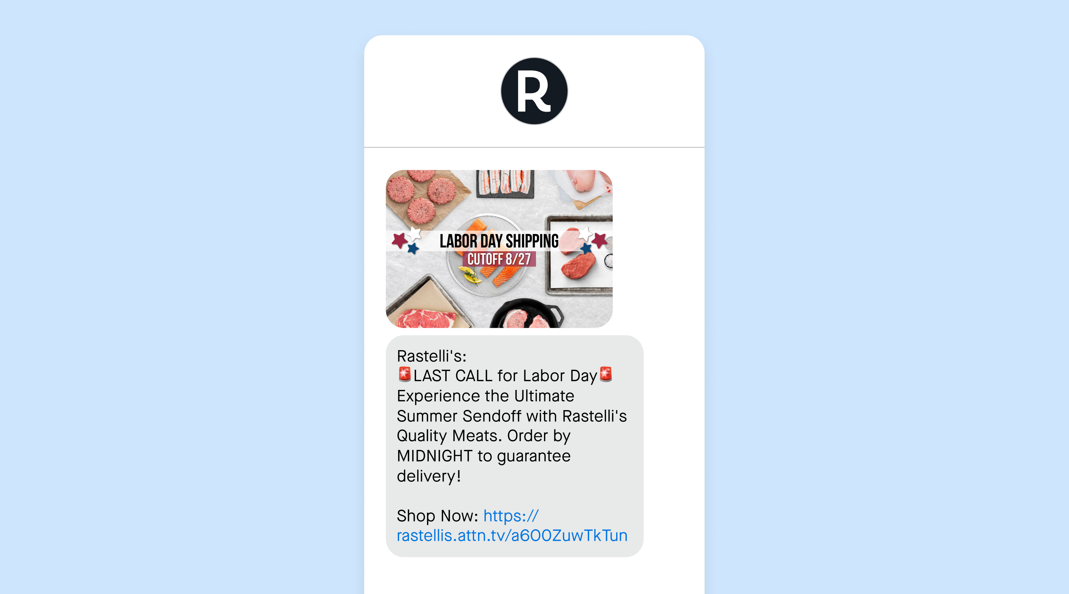 A last call for guaranteed delivery text message from Rastelli's