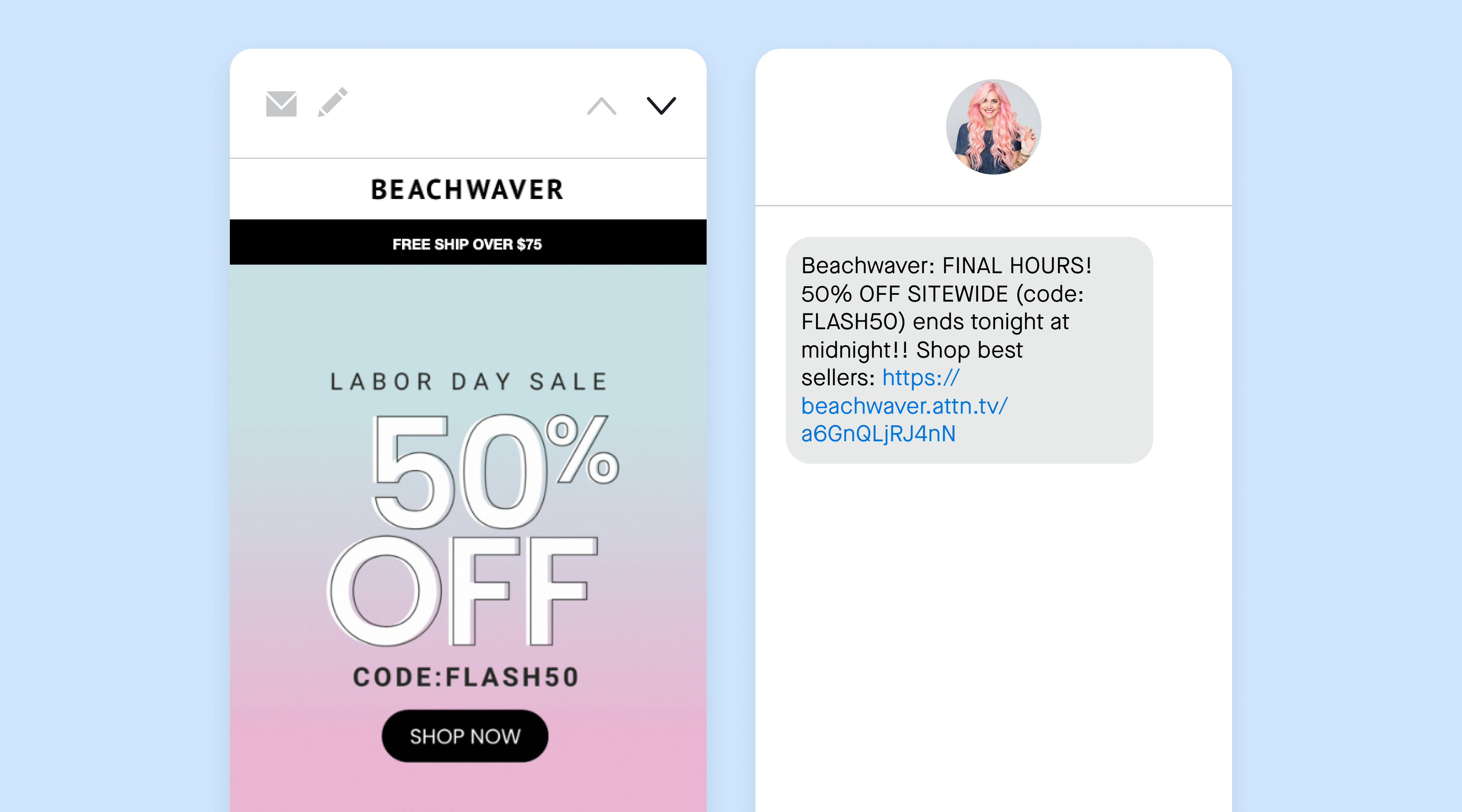 An email and SMS message about Beachwaver's Labor Day sale