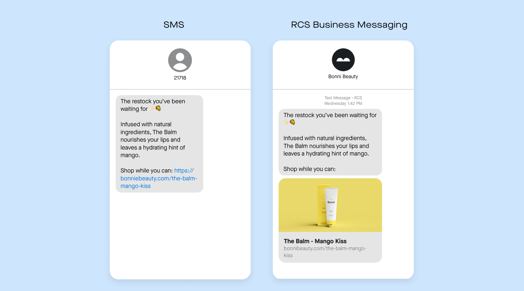 A graphic showing the difference between SMS and RCS Business Messaging