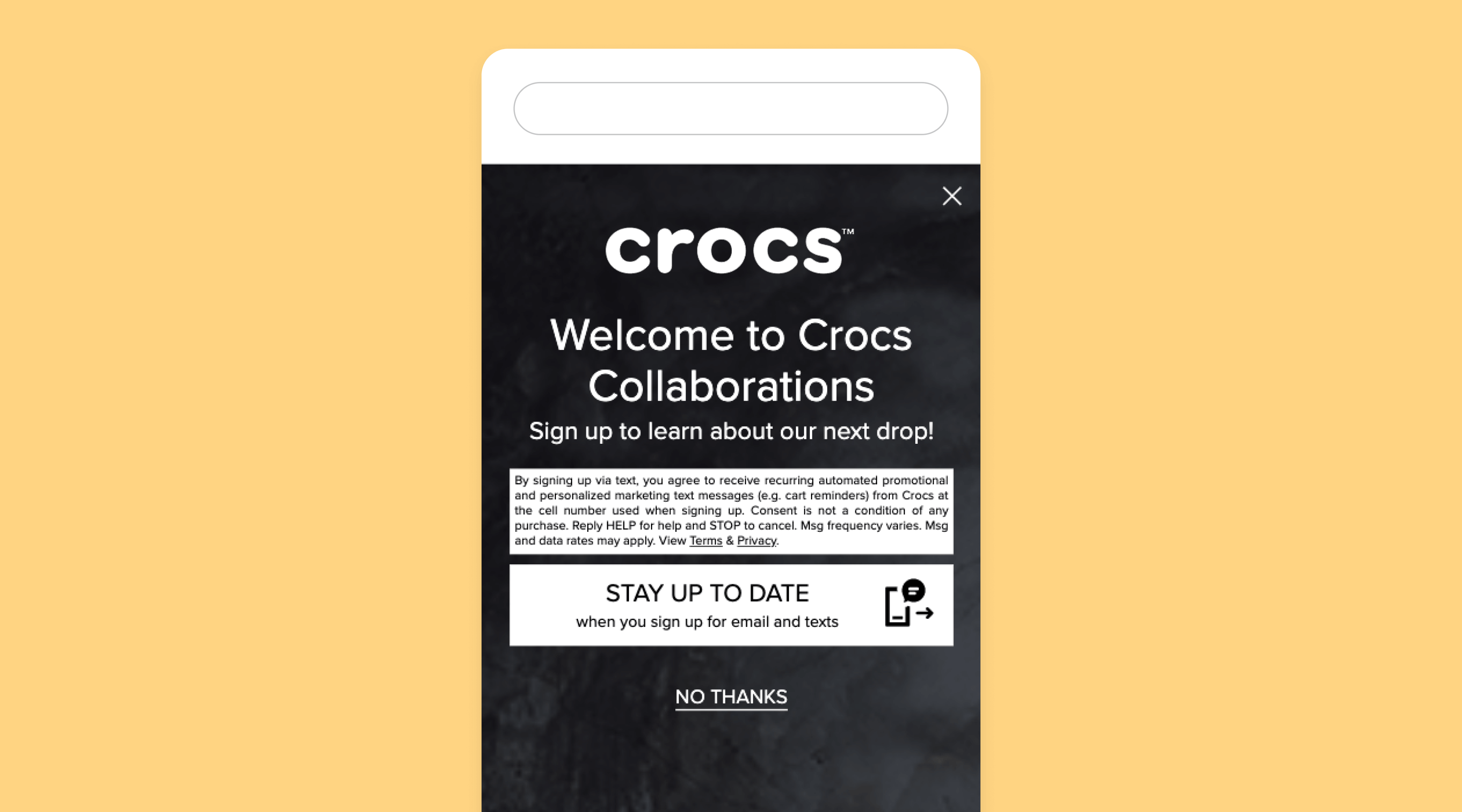 Crocs' SMS sign-up landing page, giving subscribers first access to new collaboration drops