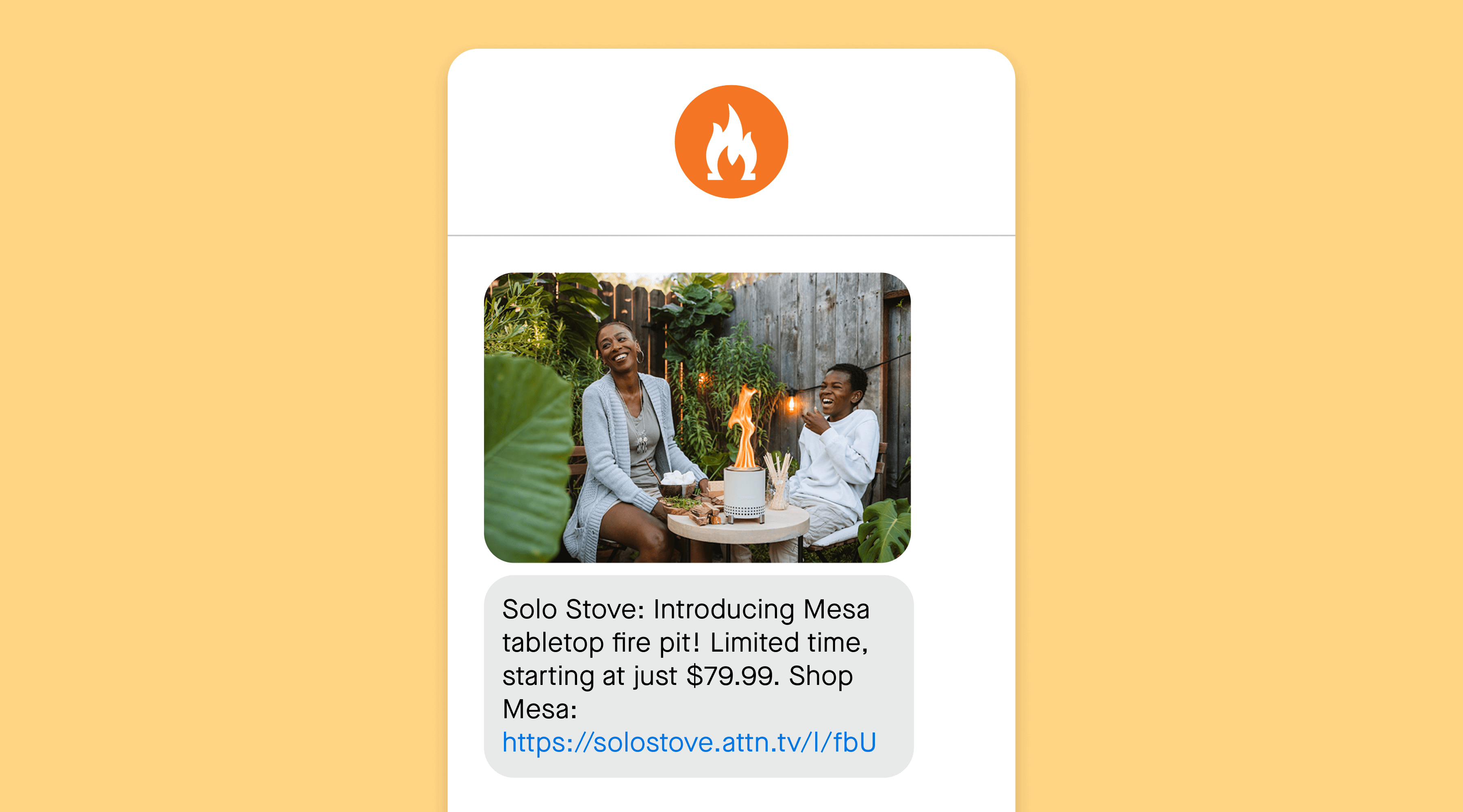 SMS product launch example from Solo Stove