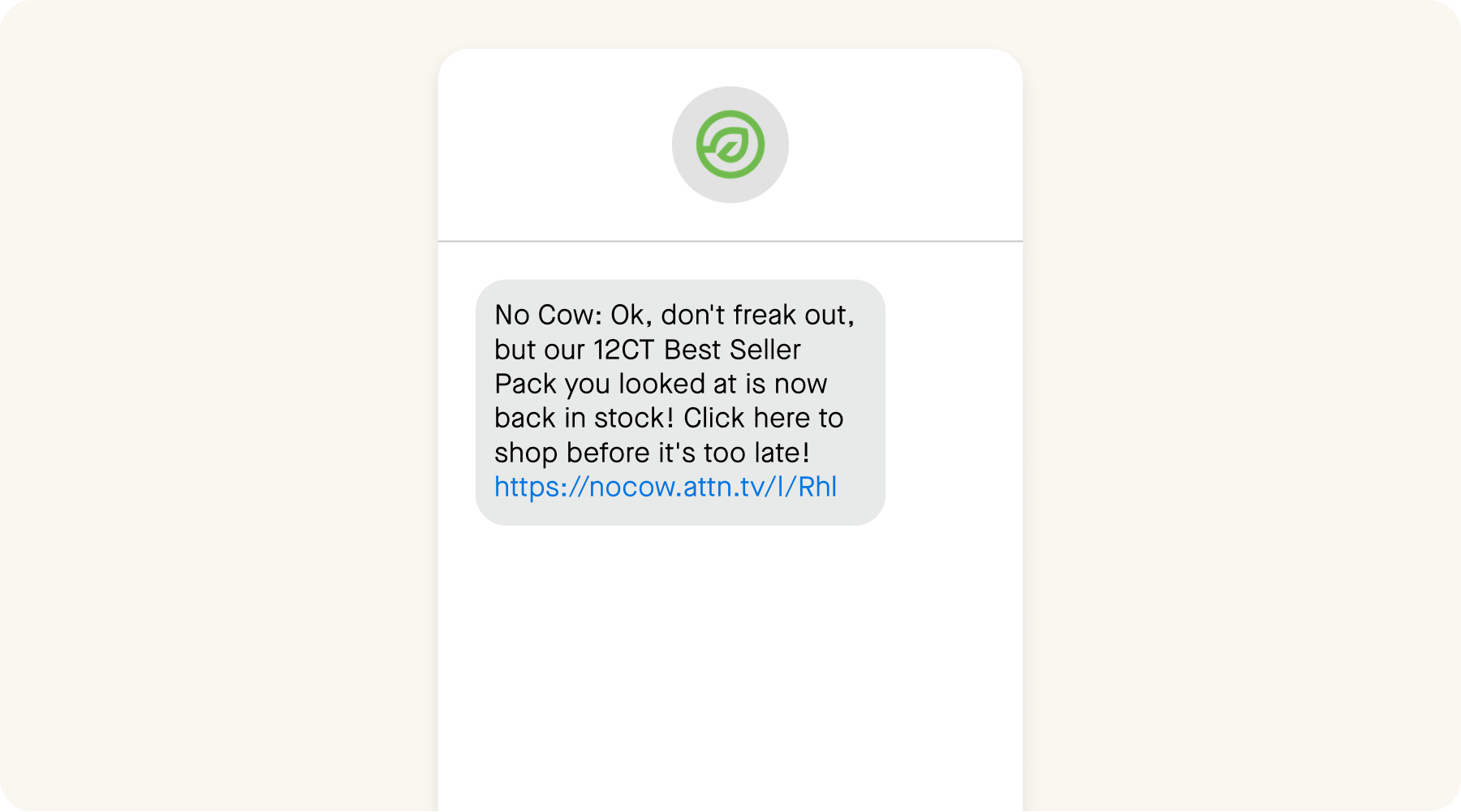 No Cow SMS marketing message example