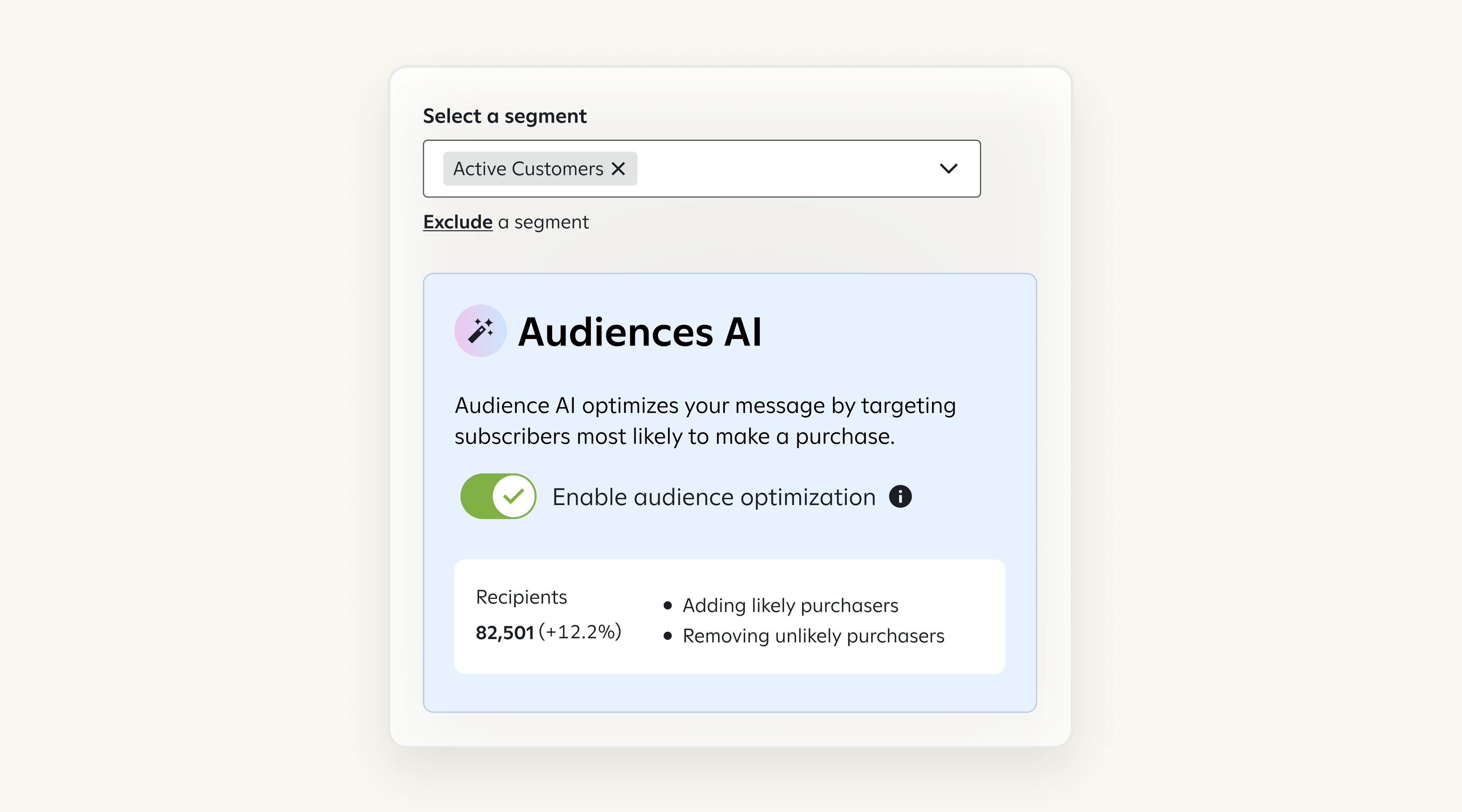 Audiences AI adds subscribers to segments who are likely to purchase and removes those who aren't