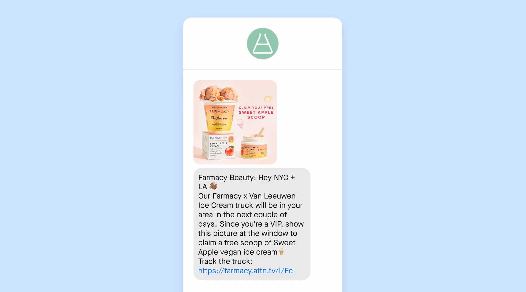 A text message using geo data from Farmacy Beauty