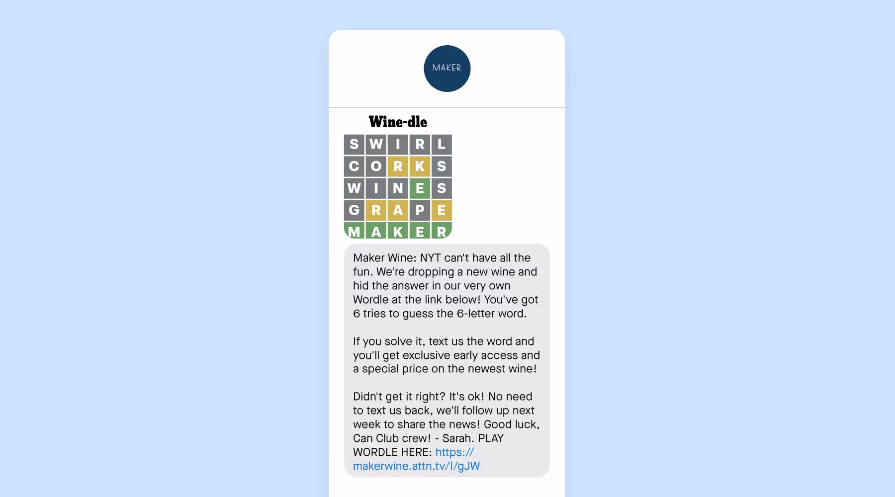 An interactive text message from Maker Wine