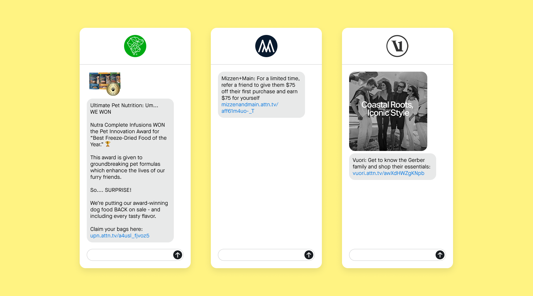 3 SMS examples show how brands use expert recommendation, referral programs, and influencers and celebrities in their marketing campaigns.