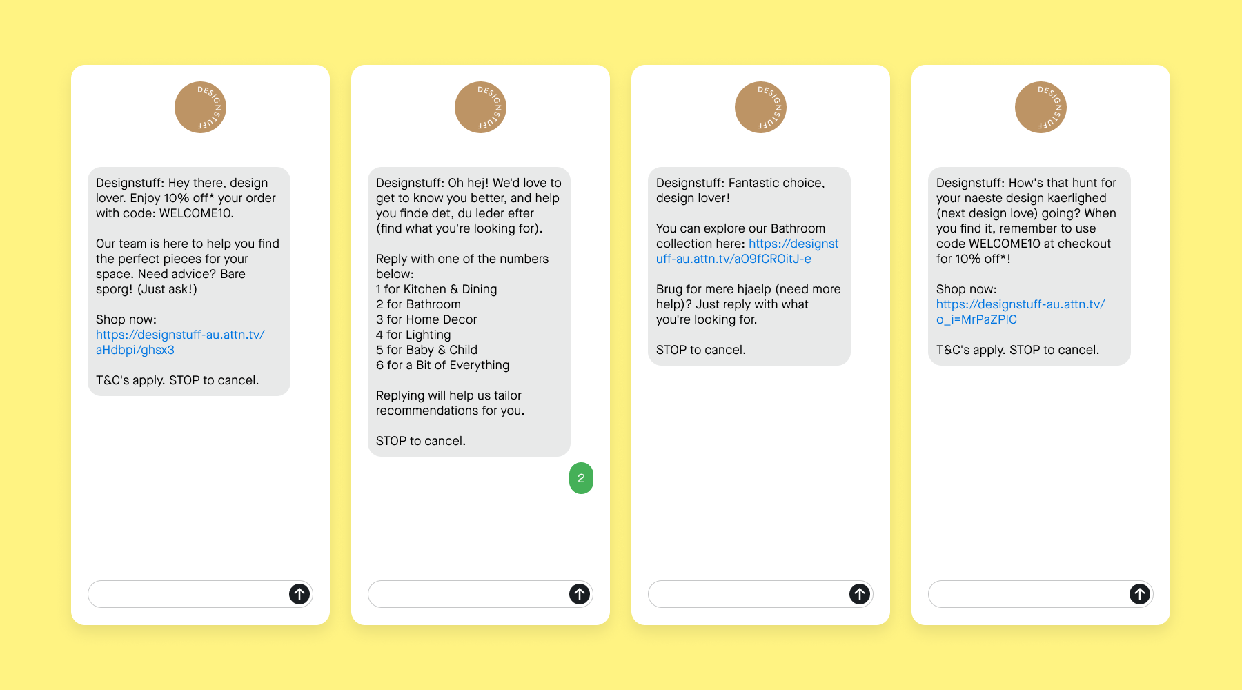 Designstuff's welcome journey includes two-way messaging to recommend a relevant product collection to new subscribers