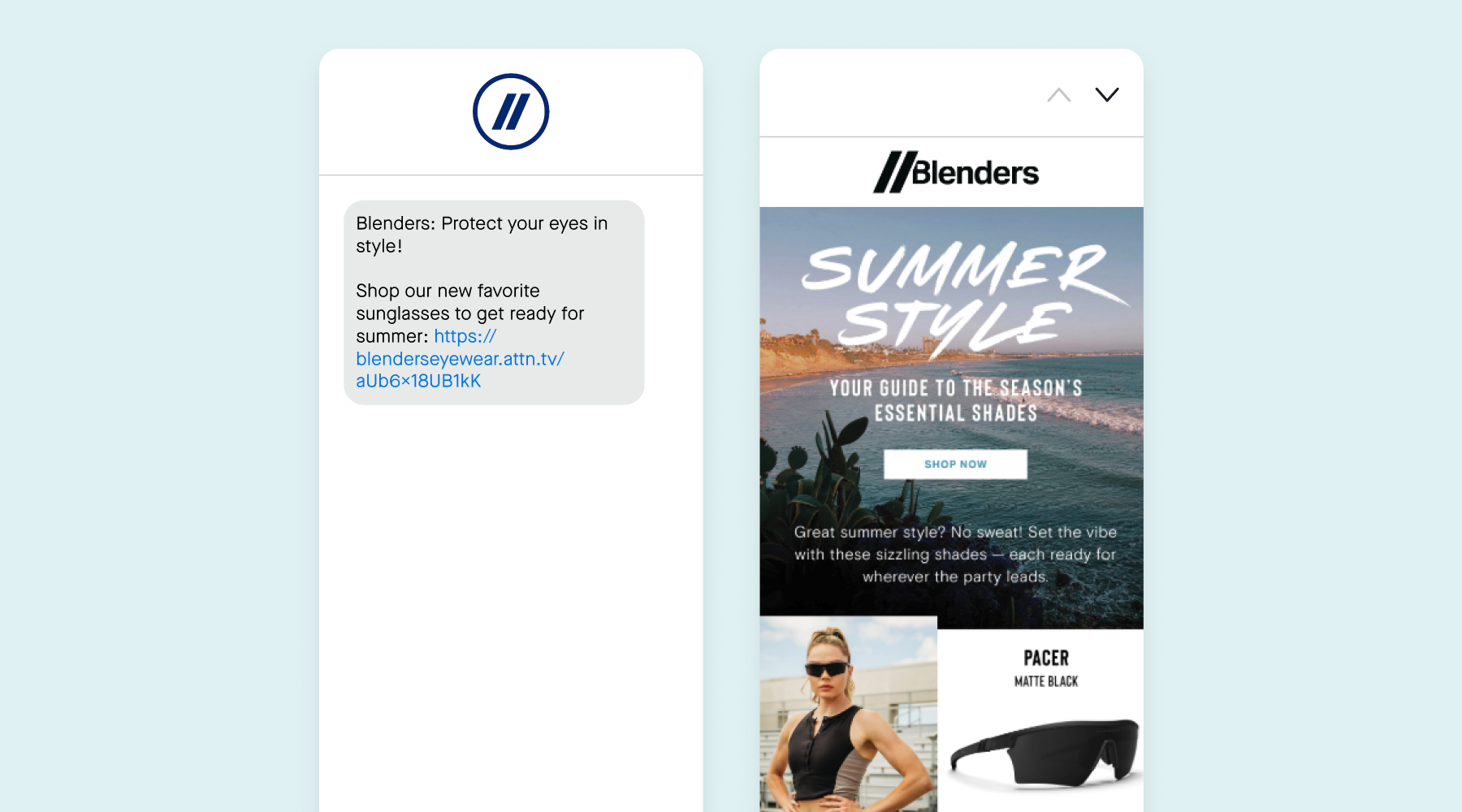 An SMS and email from Blenders Eyewear