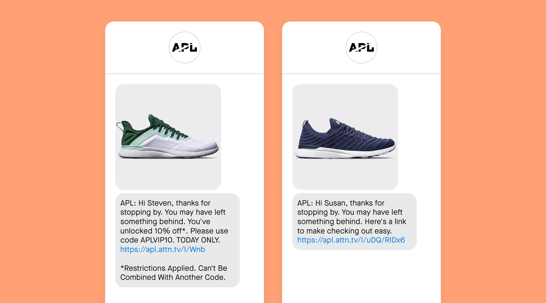 Cart abandonment text message examples from Athletic Propulsion Labs