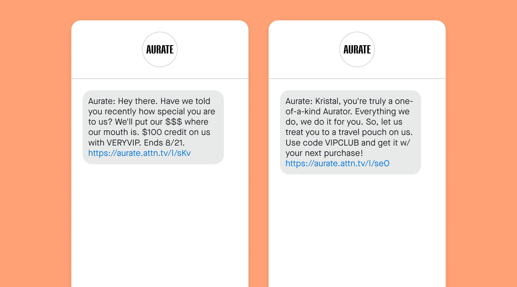 Loyalty text message examples from Aurate