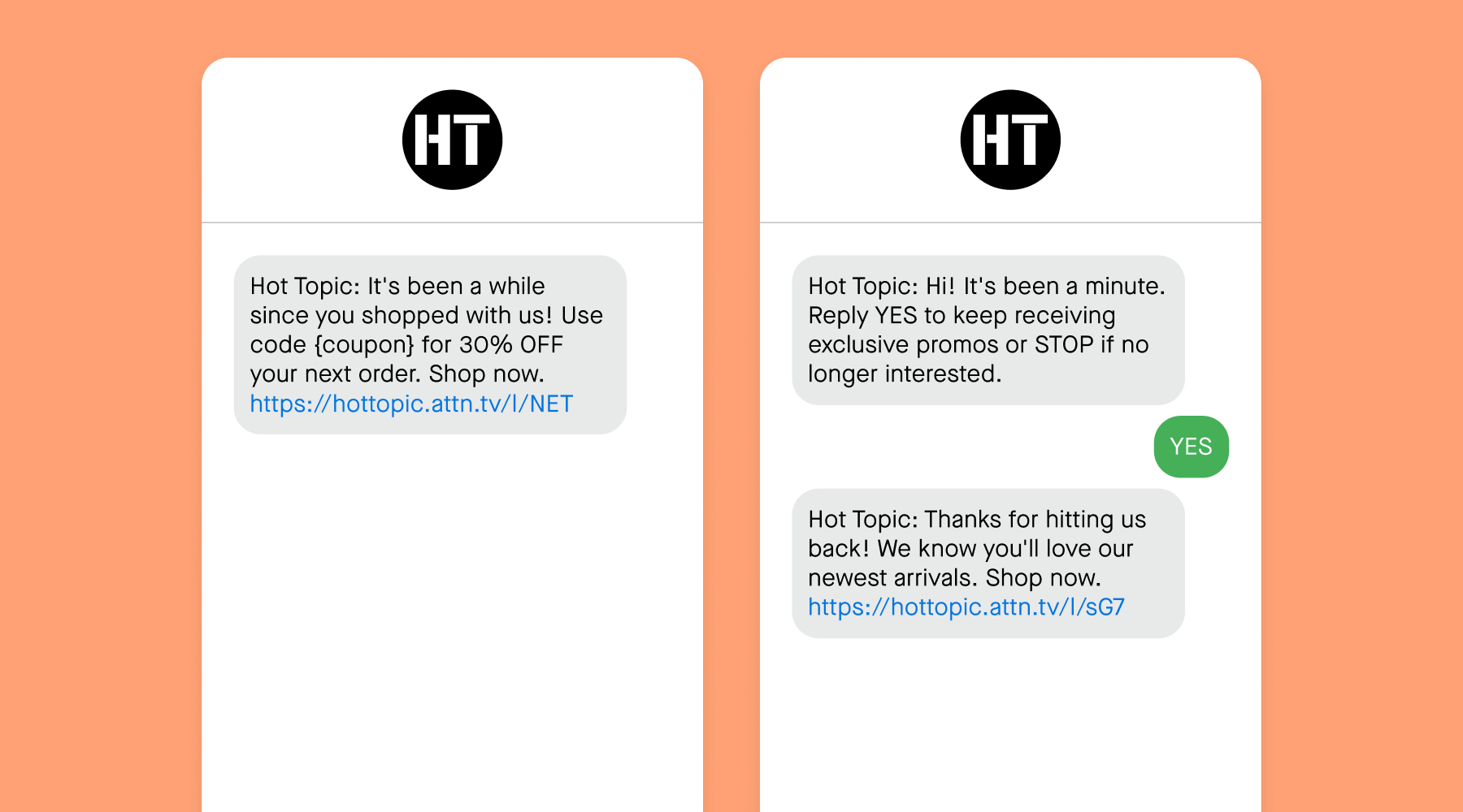 Customer winback text message examples from Hot Topic