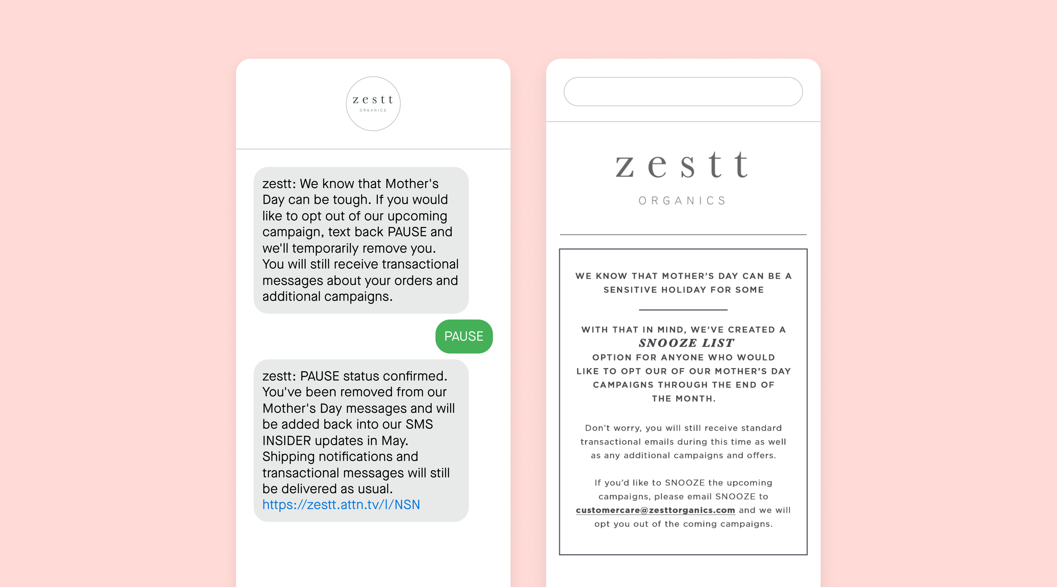 Mother's Day opt out SMS and email examples from zestt
