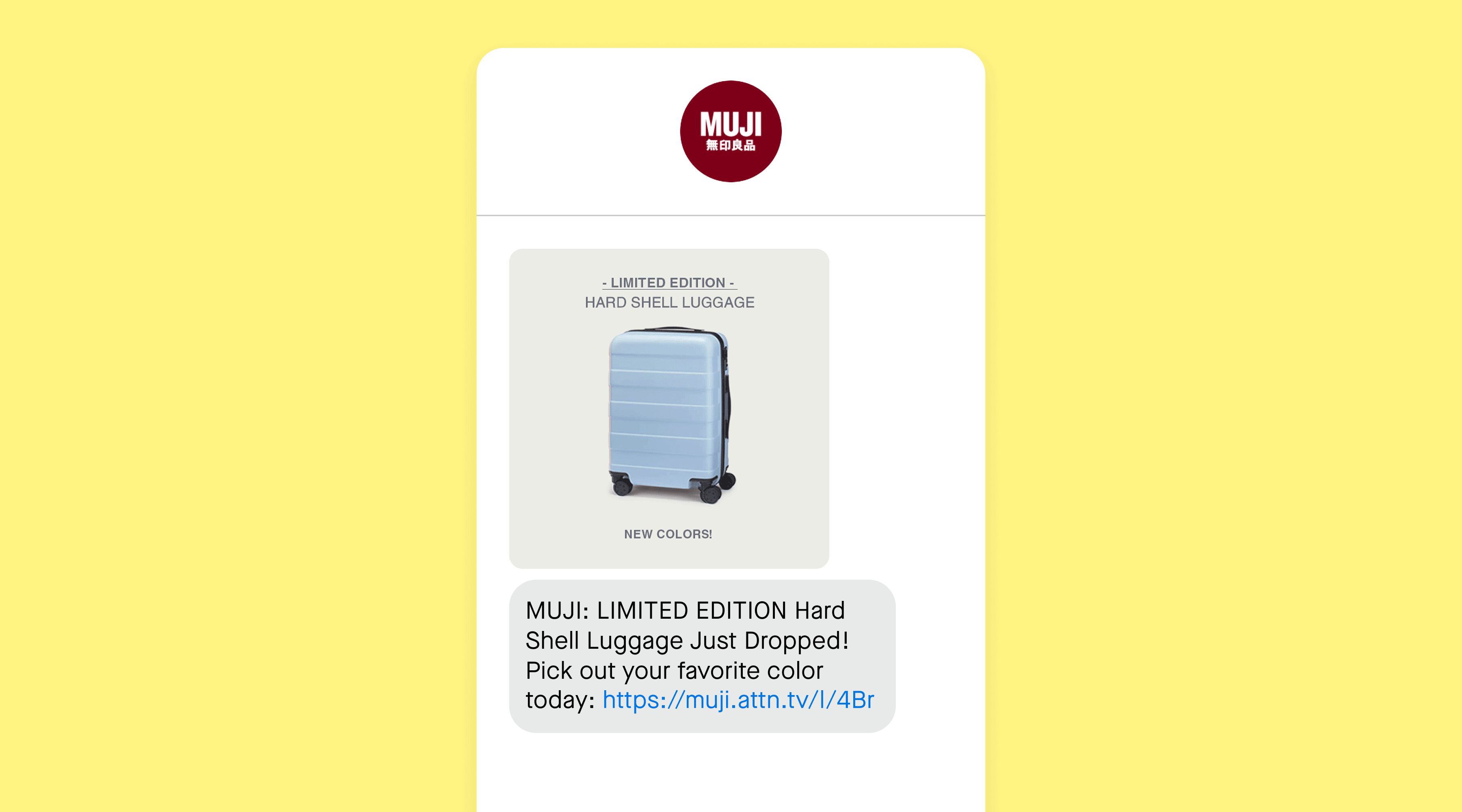 text message from MUJI on a yellow background