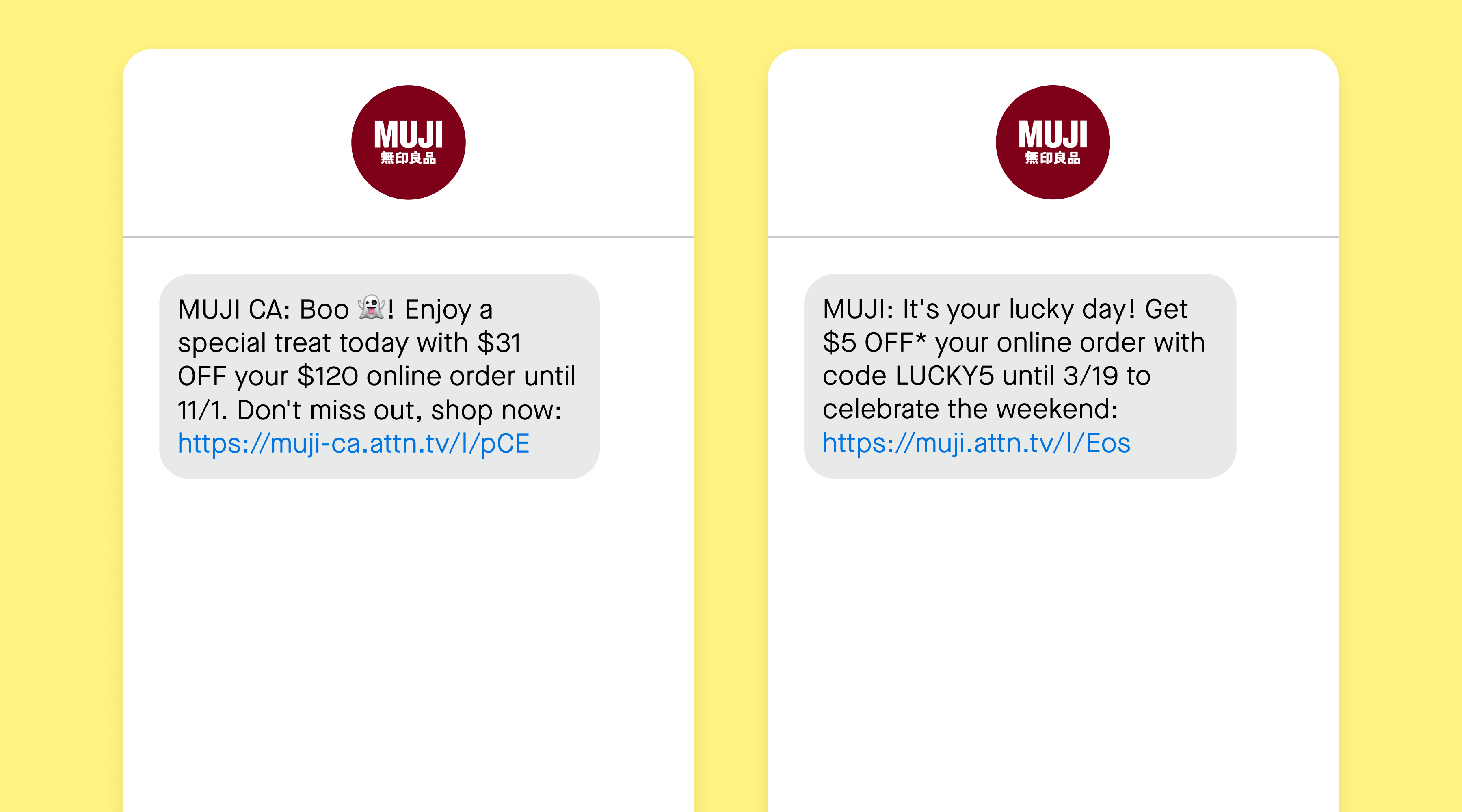 text message from MUJI on a yellow background