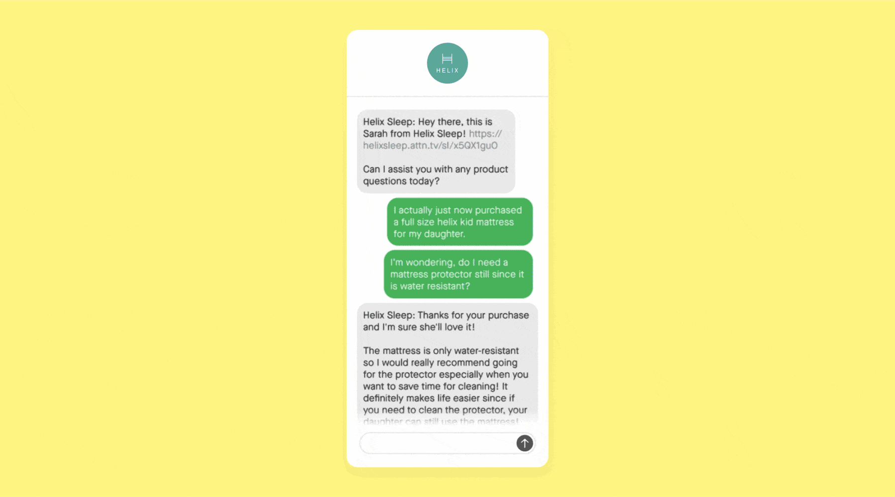 Non-promotional content SMS example from Helix Sleep