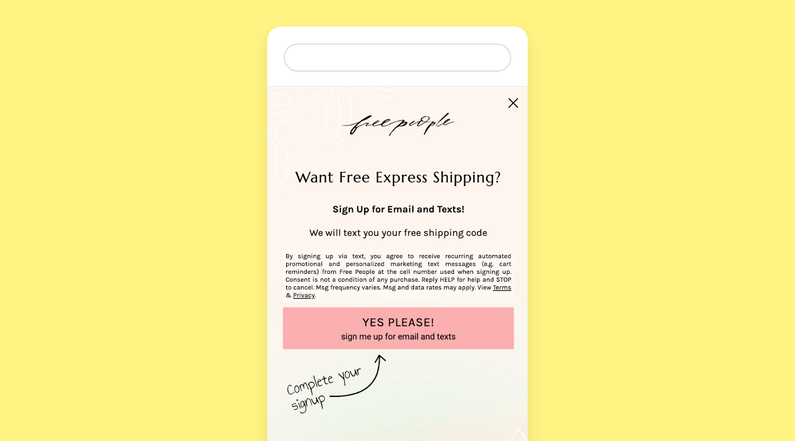 Non-promotional content SMS example from Free People