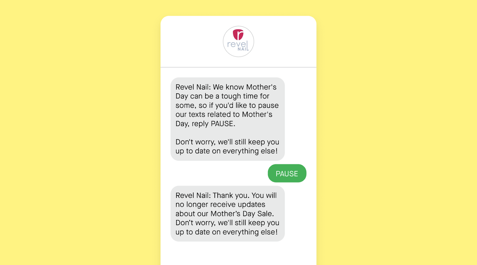 Non-promotional content SMS example from Revel Nail