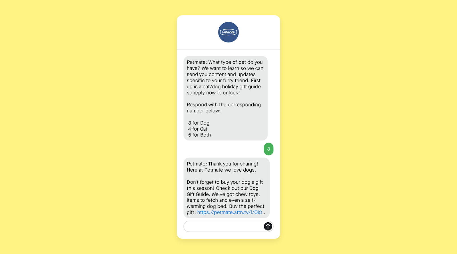 Non-promotional content SMS example from Petmate