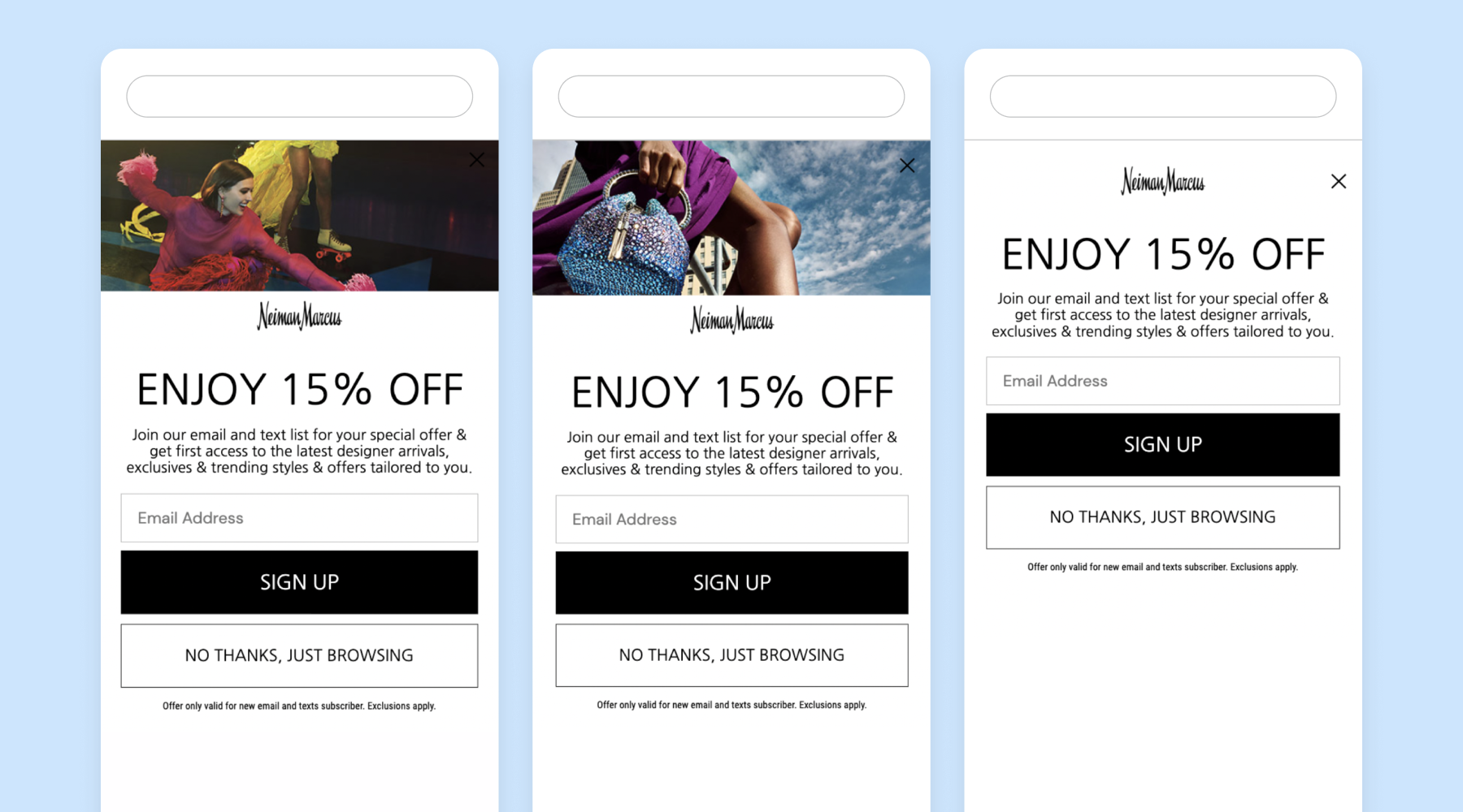 SMS sign-up unit examples from Neiman Marcus