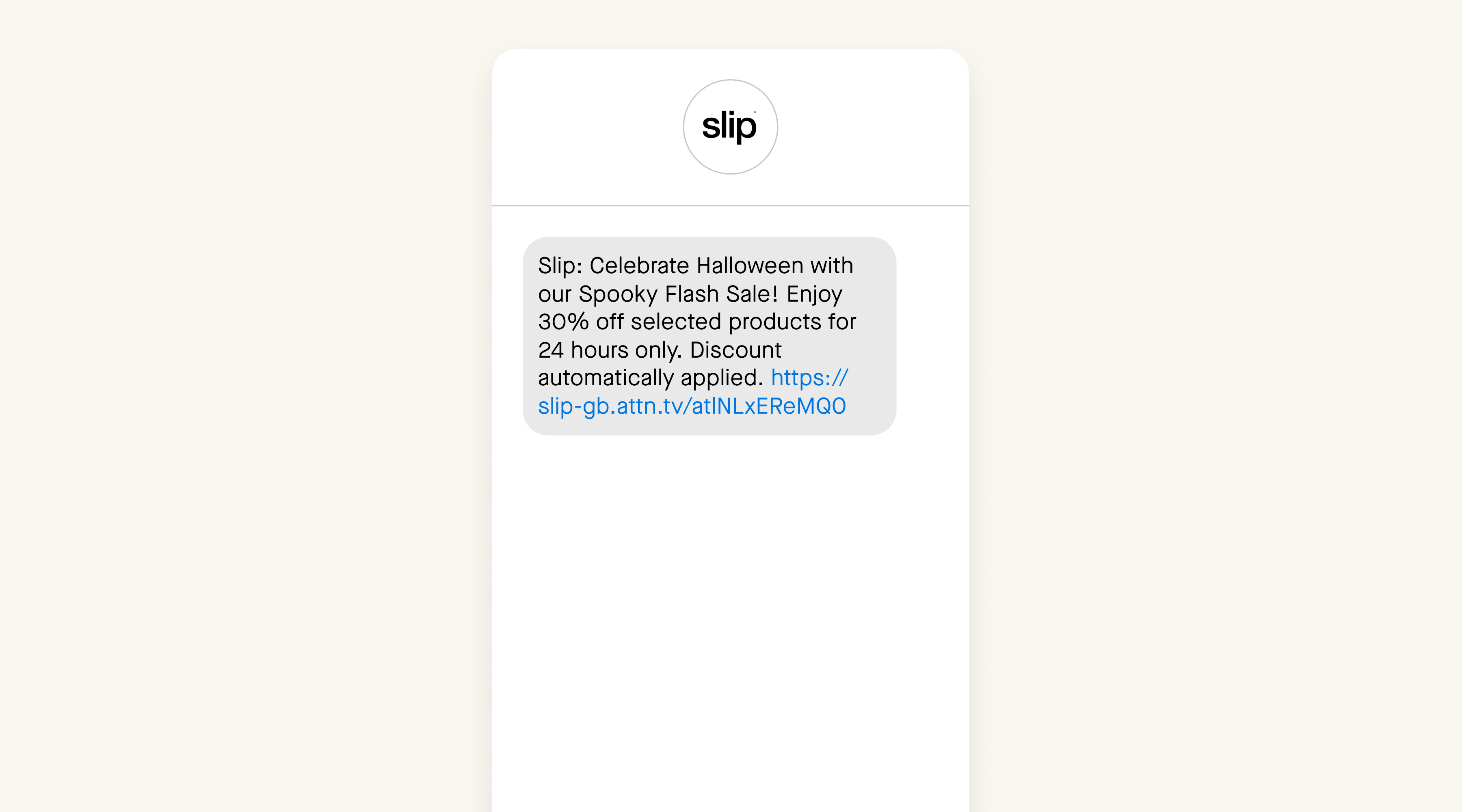A Halloween SMS message from Slip UK announcing a flash sale