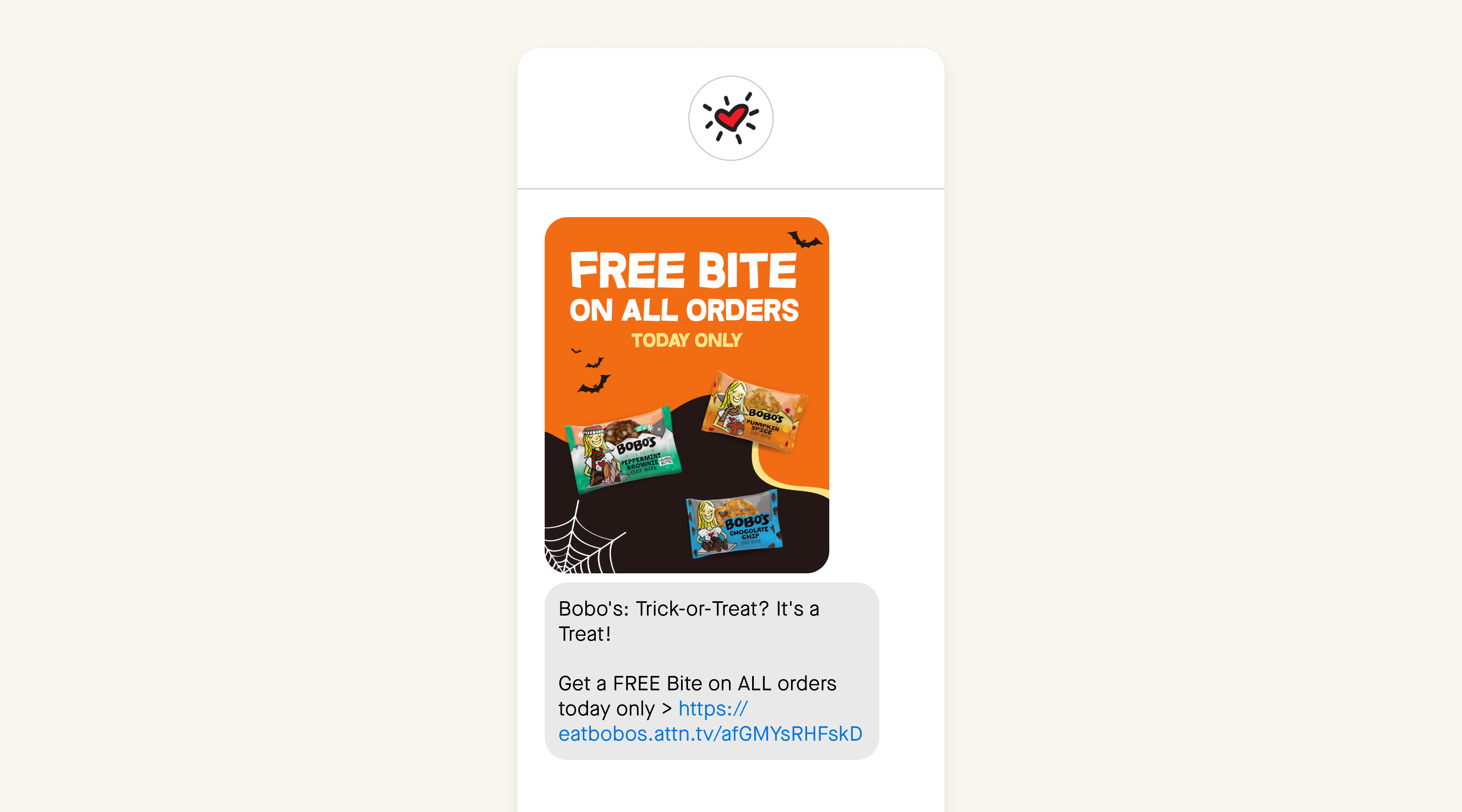 A text message from Bobo's with a free treat for Halloween