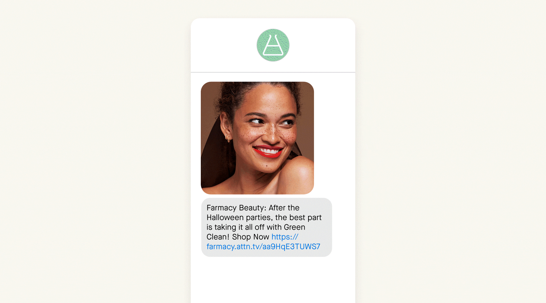 An SMS marketing campaign from Farmacy Beauty promoting skincare line