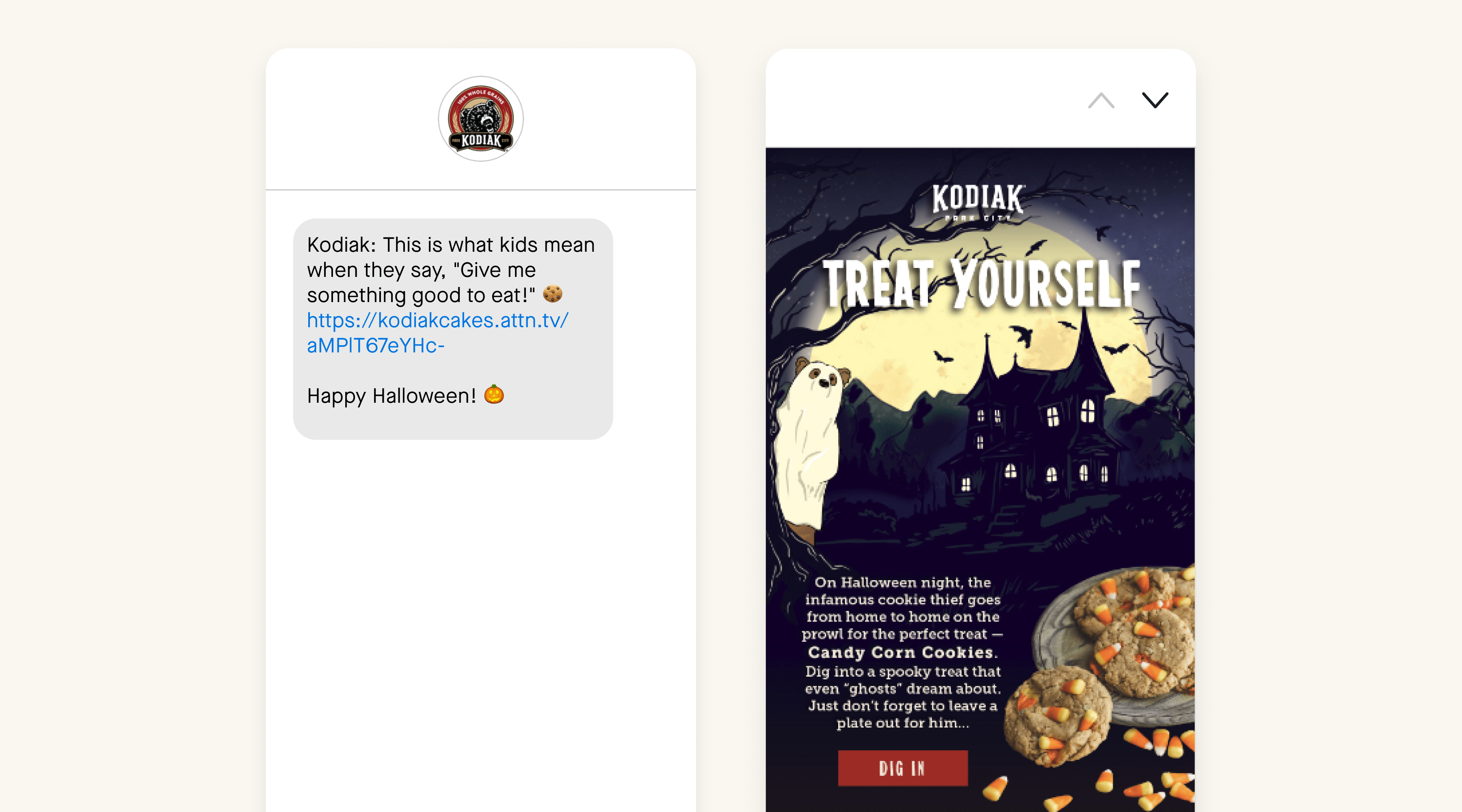Kodiak Cakes used both SMS and email to share a Halloween treat