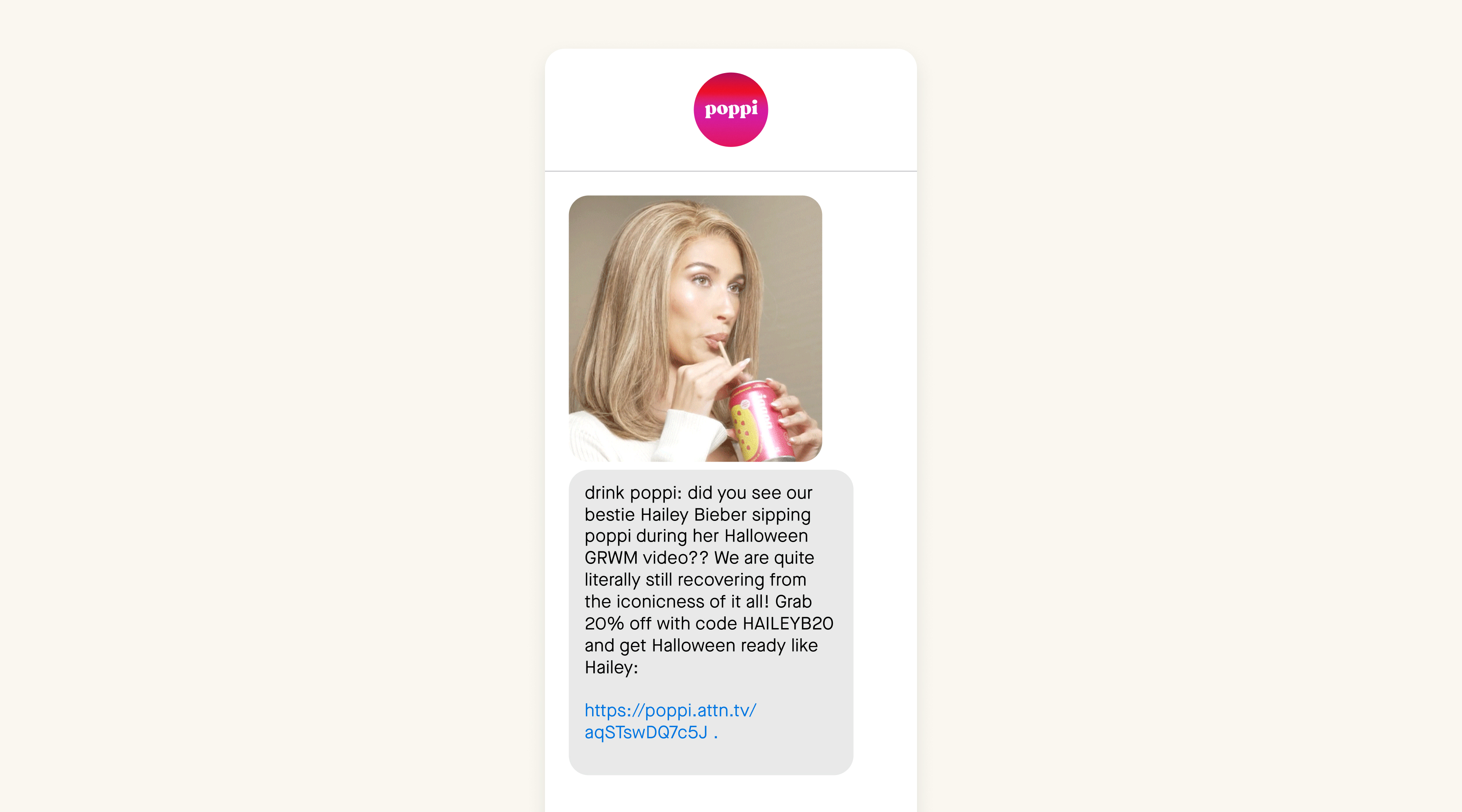 Drink Poppi uses SMS marketing to share a 20% offer with subscribers