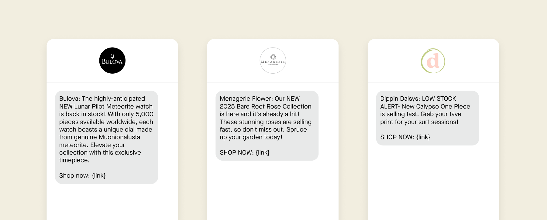 Examples of SMS campaigns that mention product stock.