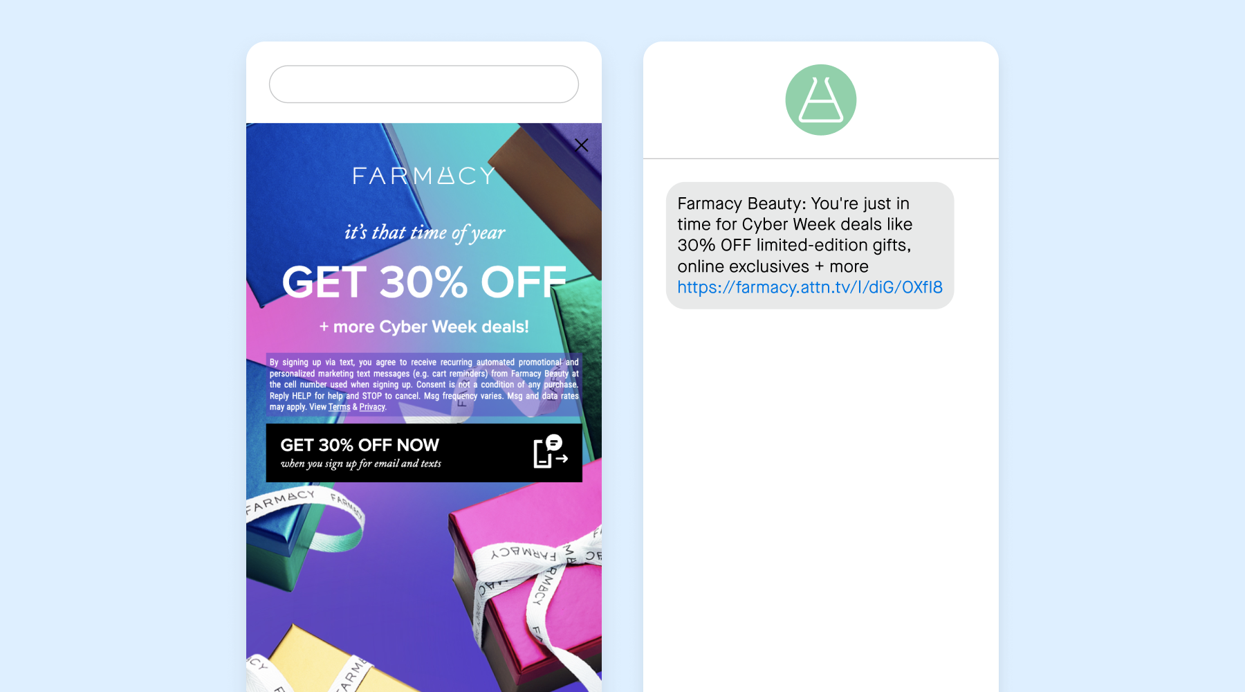 Cyber Week SMS sign-up unit and welcome text message examplex