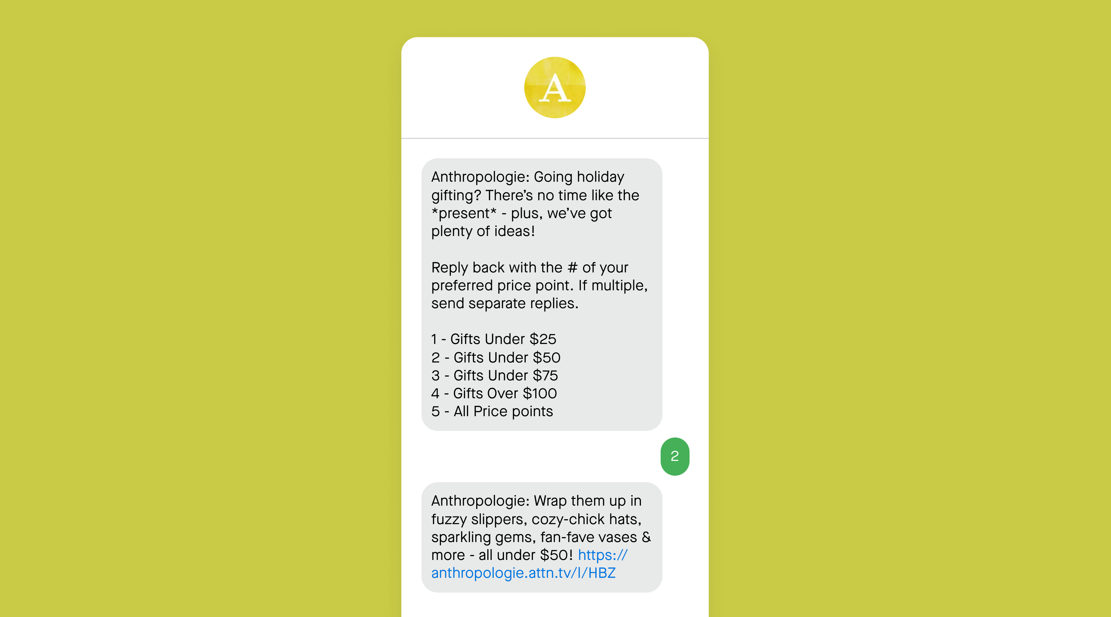 Anthropologie Black Friday conversational SMS example