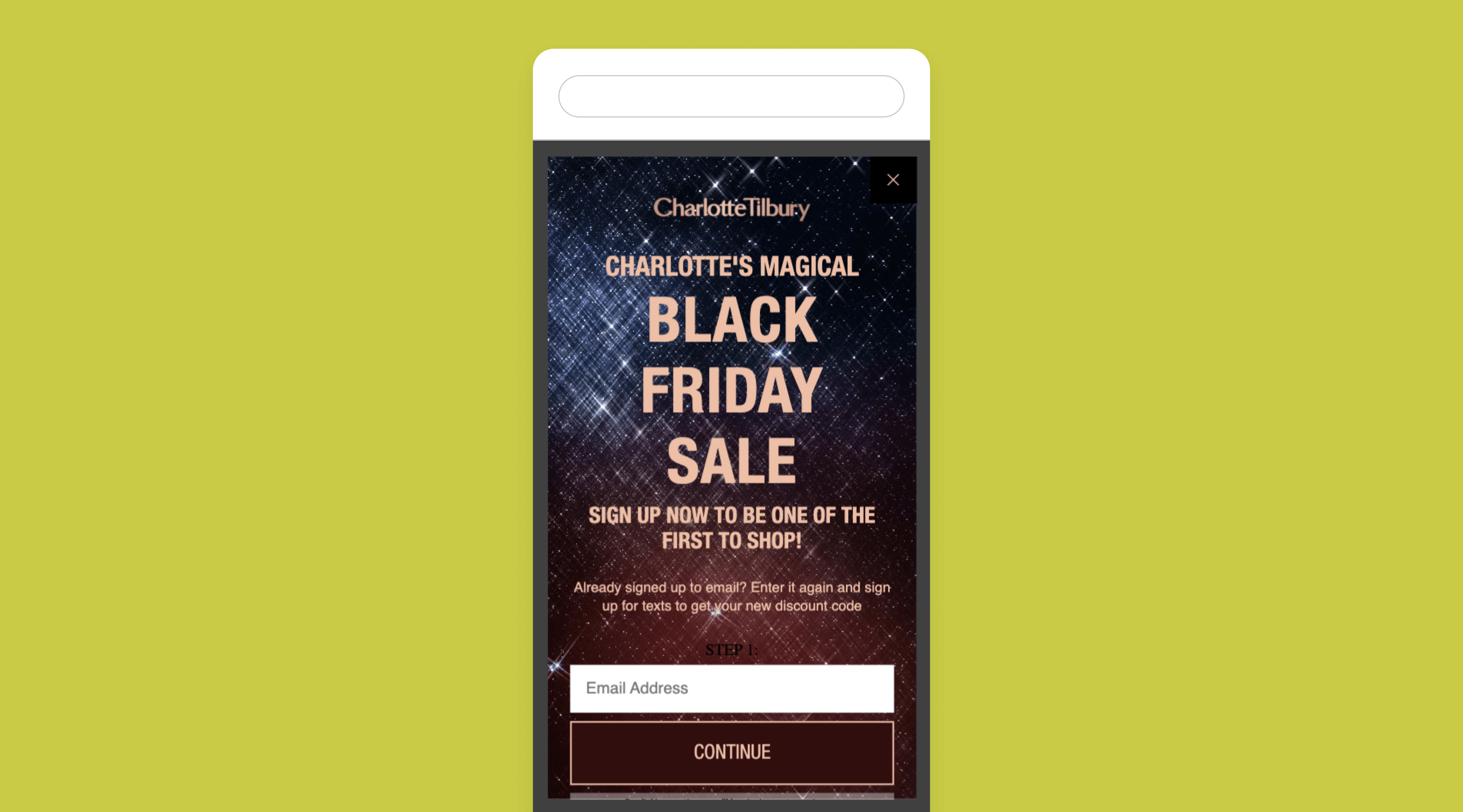 Charlotte Tilbury Black Friday sale sign-up unit