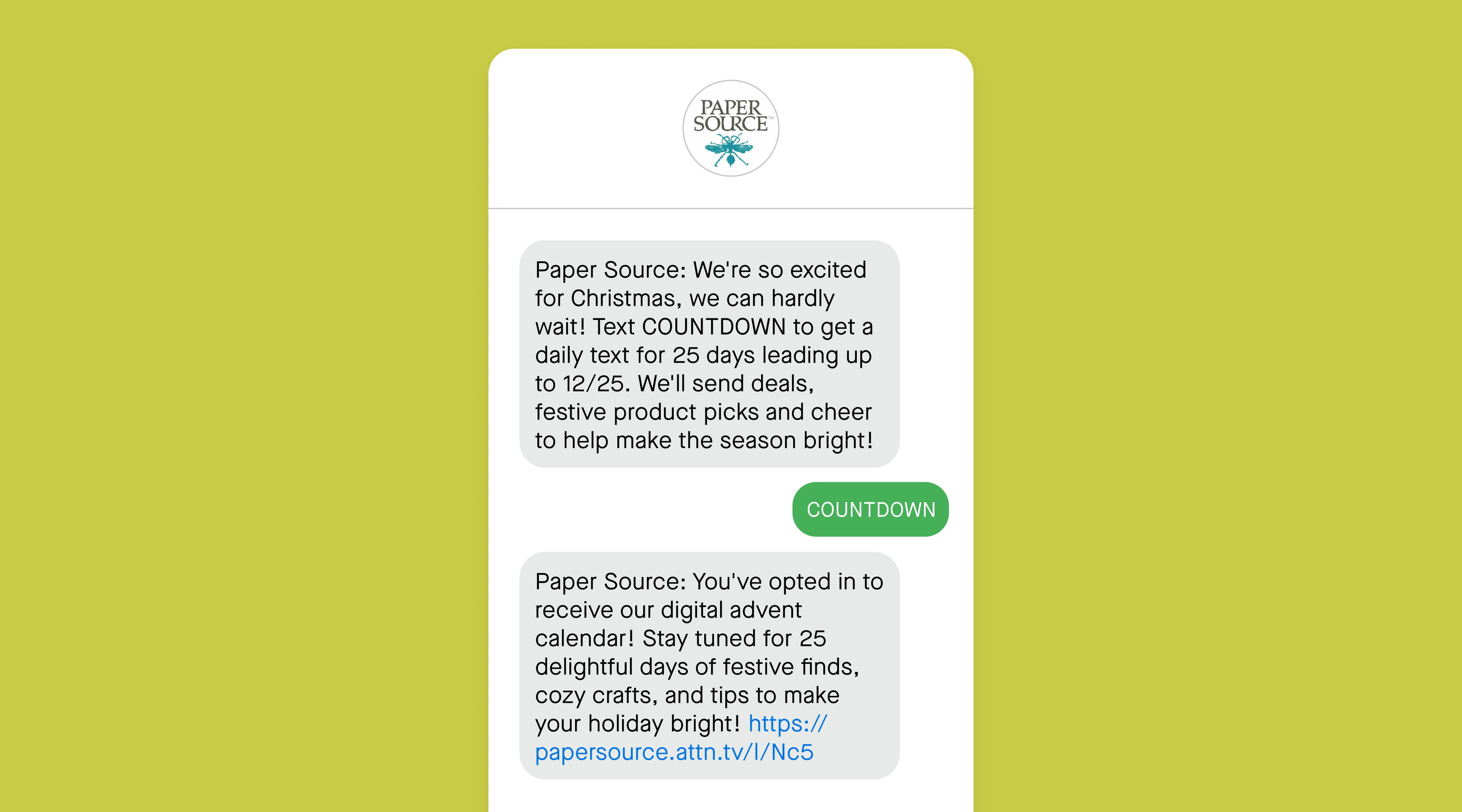 Paper Source 25 Days of Deals SMS campaign