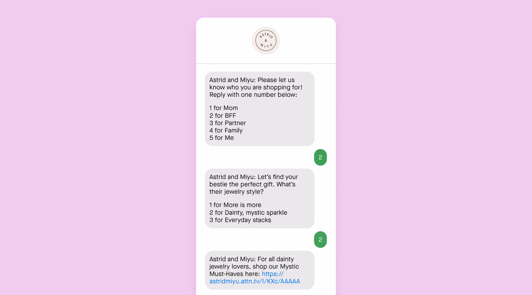 Holiday marketing campaign text message example from Astrid and Miyu.