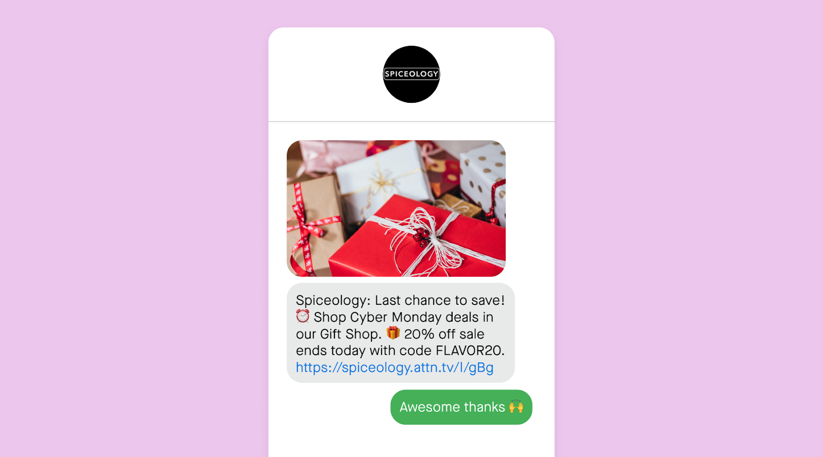 Holiday marketing campaign text message example from Spicelogy.