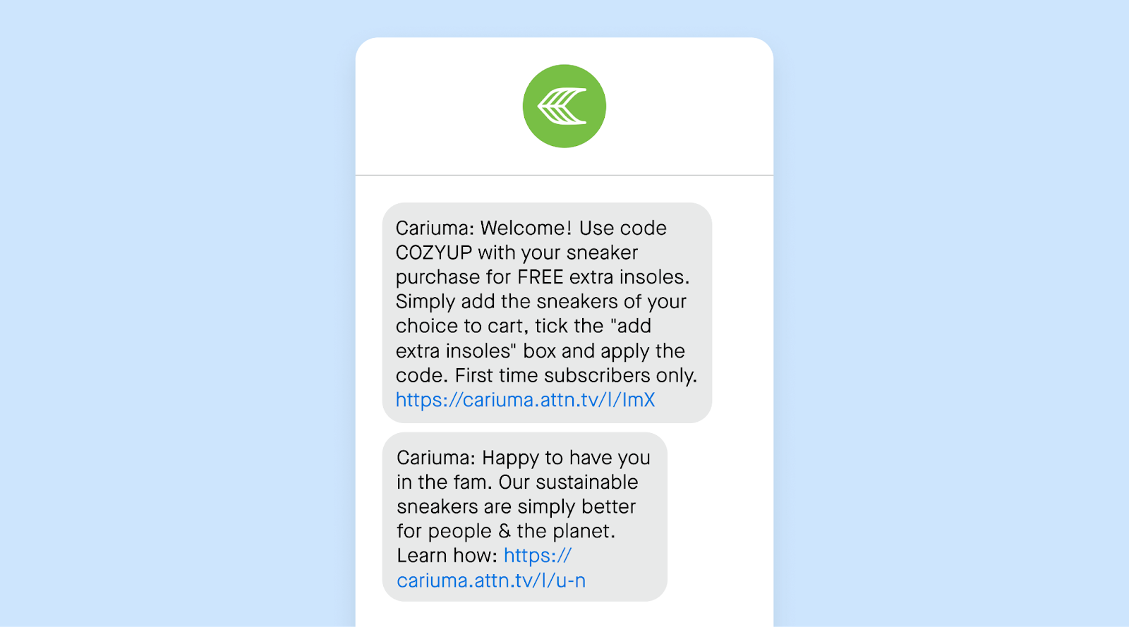 Cariuma sms marketing welcome message example